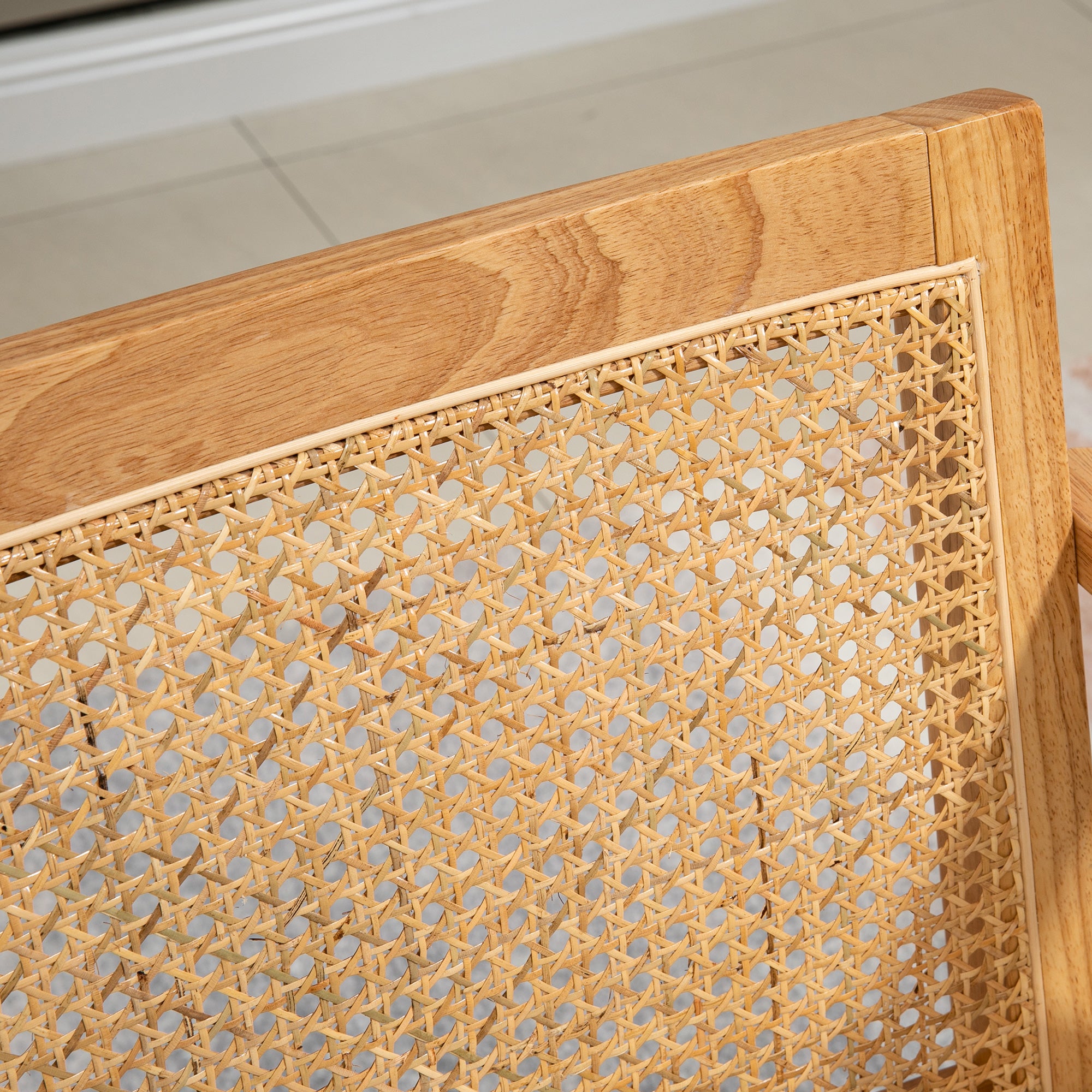 Fauteuil de salon confortable Chaise en Rotin avec Coussin épais- Dossier en cannage - Assise Profonde - Structure en Bois hévéa Aspect Lin Beige