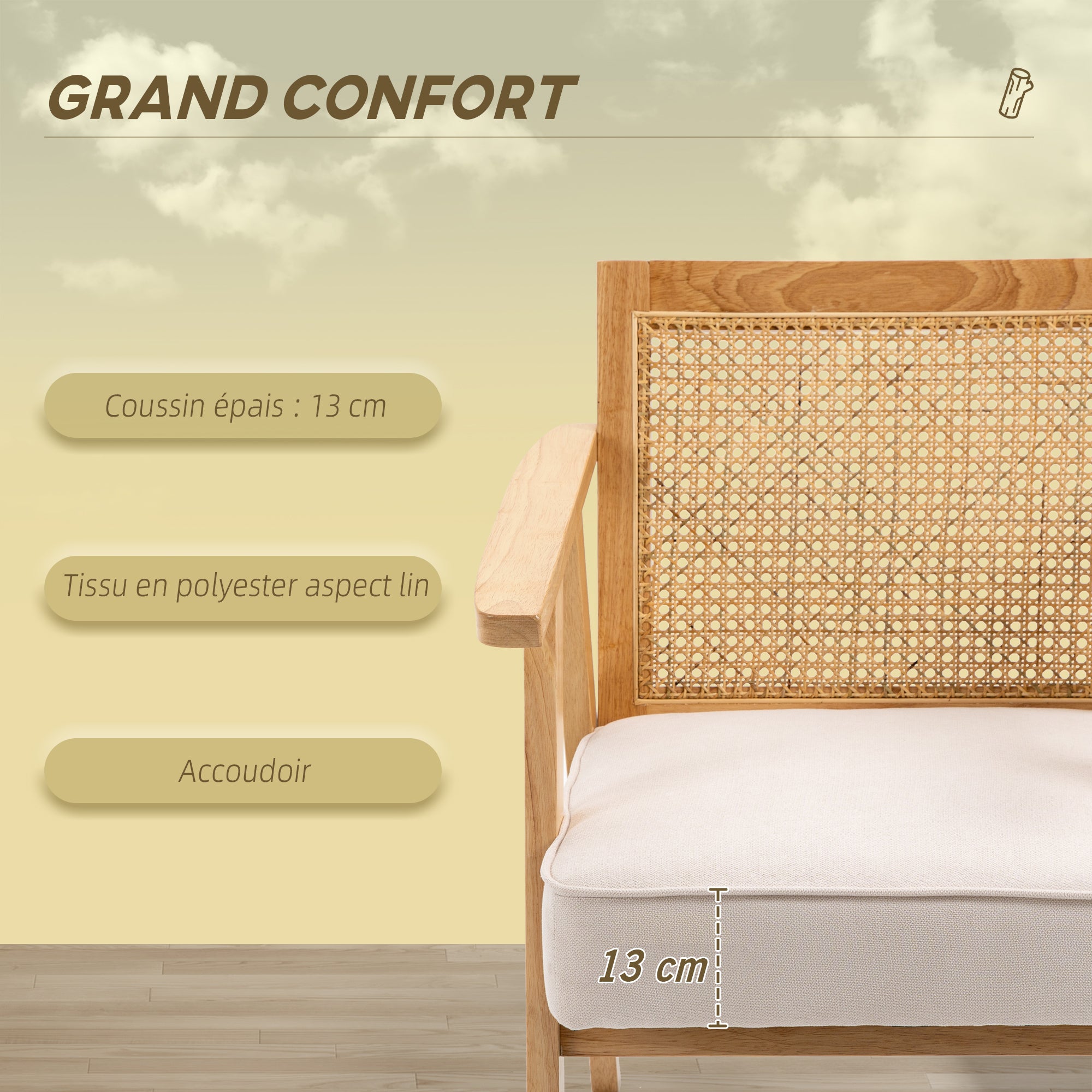 Fauteuil de salon confortable Chaise en Rotin avec Coussin épais- Dossier en cannage - Assise Profonde - Structure en Bois hévéa Aspect Lin Beige