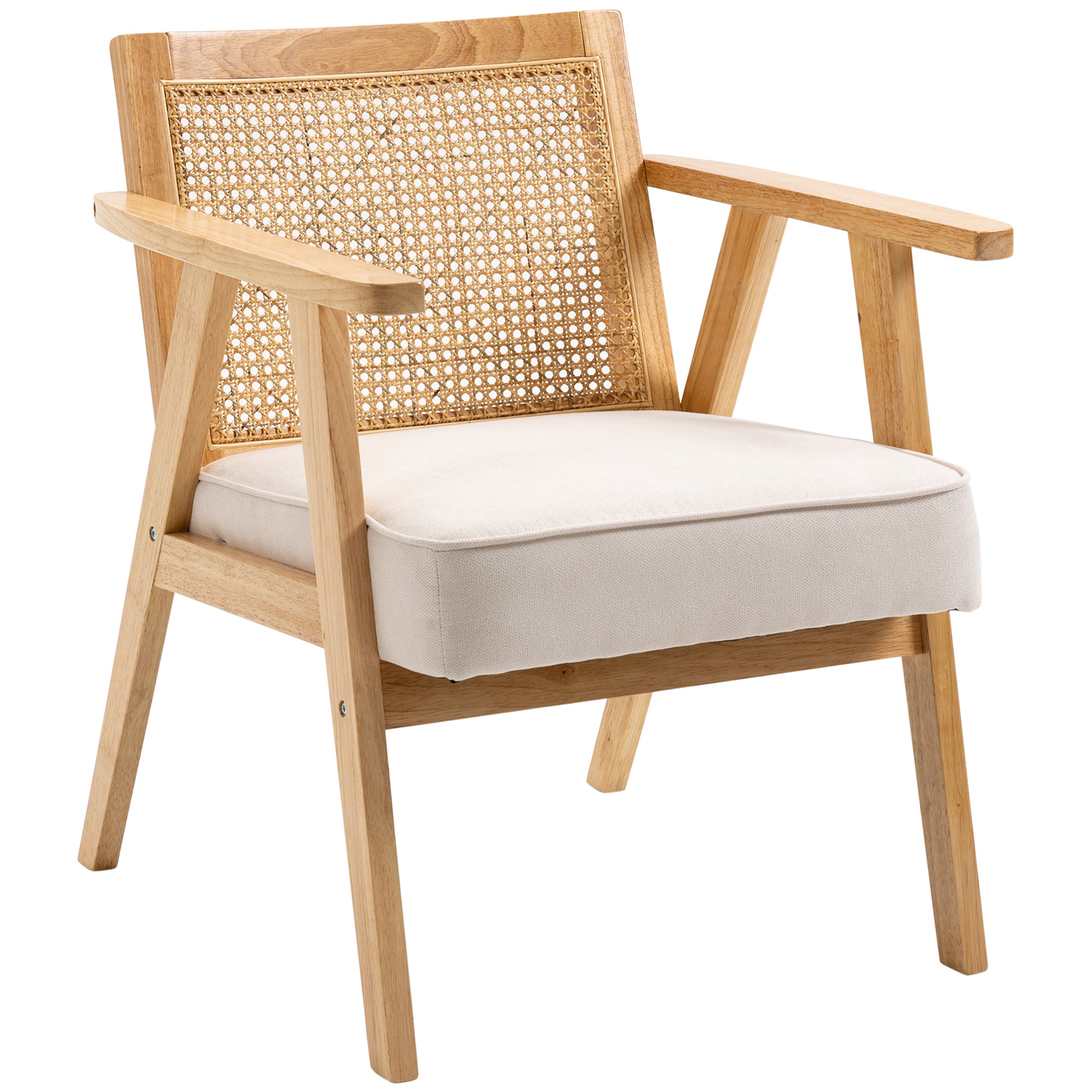 Fauteuil de salon confortable Chaise en Rotin avec Coussin épais- Dossier en cannage - Assise Profonde - Structure en Bois hévéa Aspect Lin Beige
