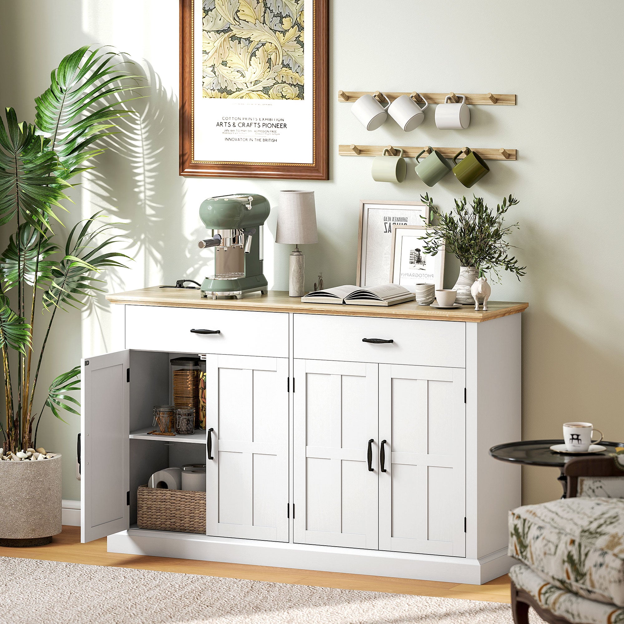 Buffet avec port USB et multiprise, meuble de rangement avec 2 placards à portes de grange, 2 tiroirs et étagères réglables, buffet salle à manger et salon, 140 x 40 x 91,5 cm, blanc