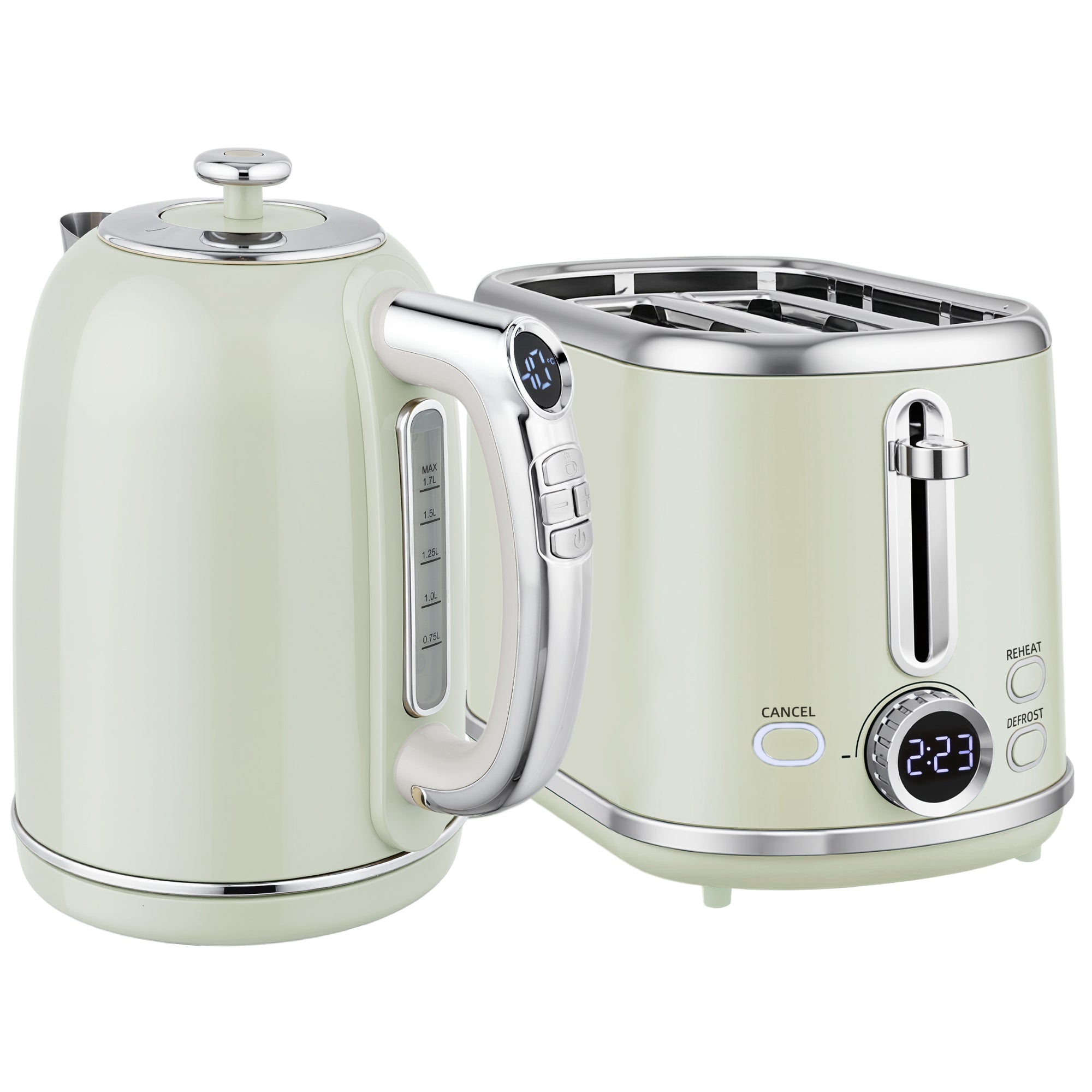 Ensemble bouilloire et grille-pain en inox, écran LED, bouilloire 2200 W 1,7 L, fonction mémoire de maintien au chaud, grille-pain 2 tranches, 6 niveaux de brunissage, plateau à miettes, gris