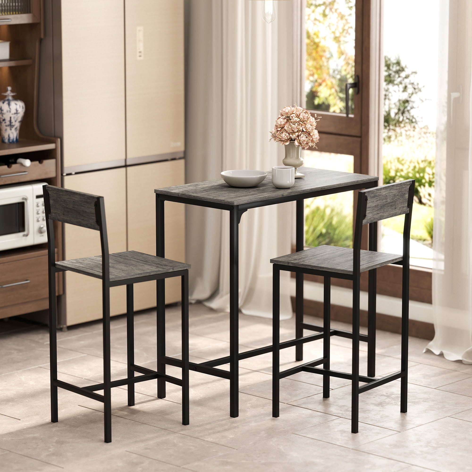 Ensemble table de bar avec tabourets, table à manger debout avec 2 chaises de bar, repose-pieds et dossiers, style industriel, cadre en métal, pour cuisine, salle à manger et salon, gris