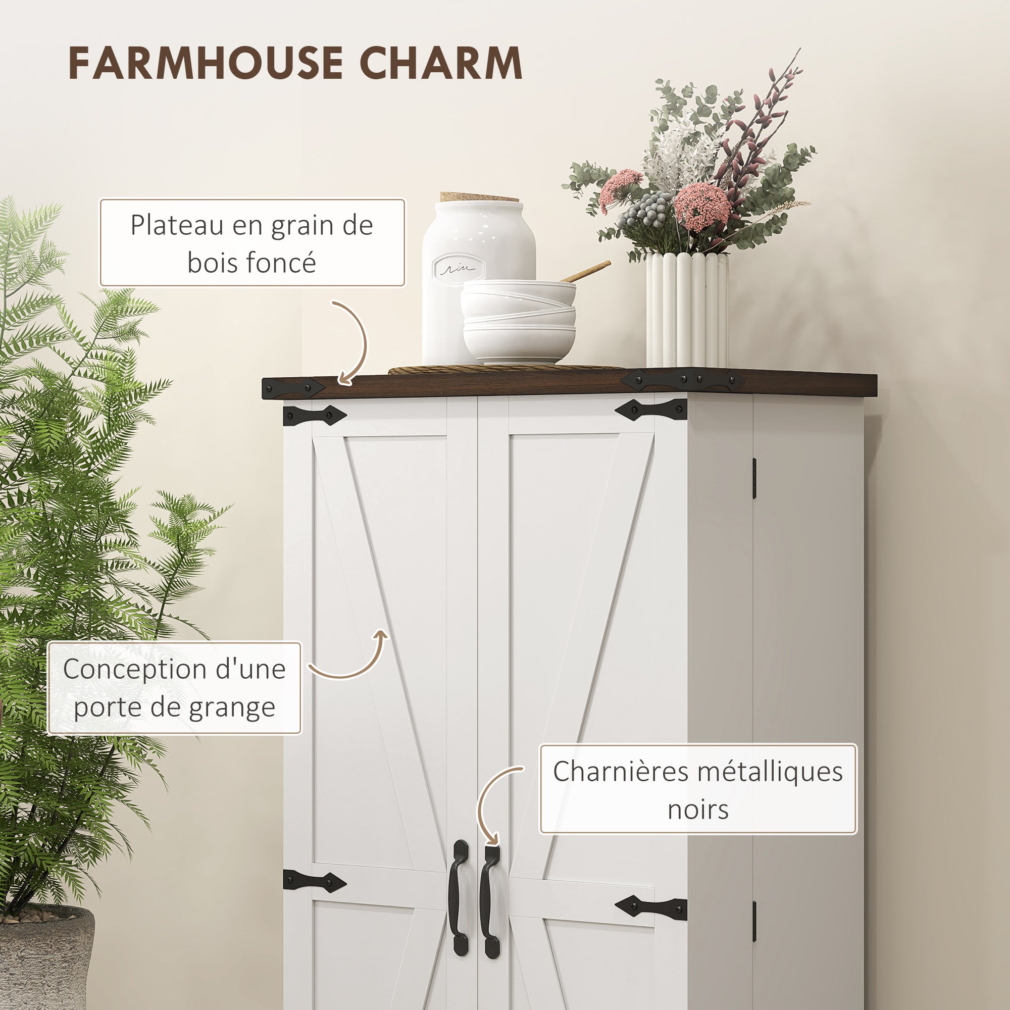 Buffet cuisine, meuble cuisine rangement, vaisselier avec 12 étagères à portes, lumière LED magnétique, double porte de grange, pour salle à manger, salon, 60 x 40 x 120 cm, blanc