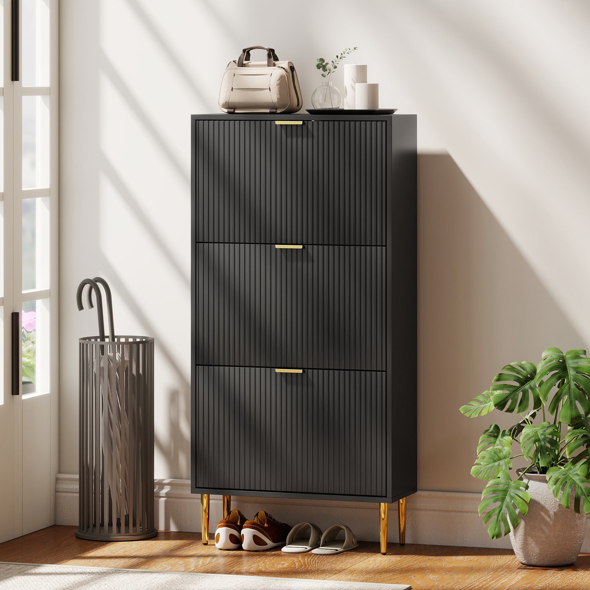 Meuble à chaussures 18 paires, armoire à chaussures étroite moderne avec 3 tiroirs rabattables, portes cannelées et étagères réglables, pour couloir et entrée, 60 x 24 x 122,5 cm, noir