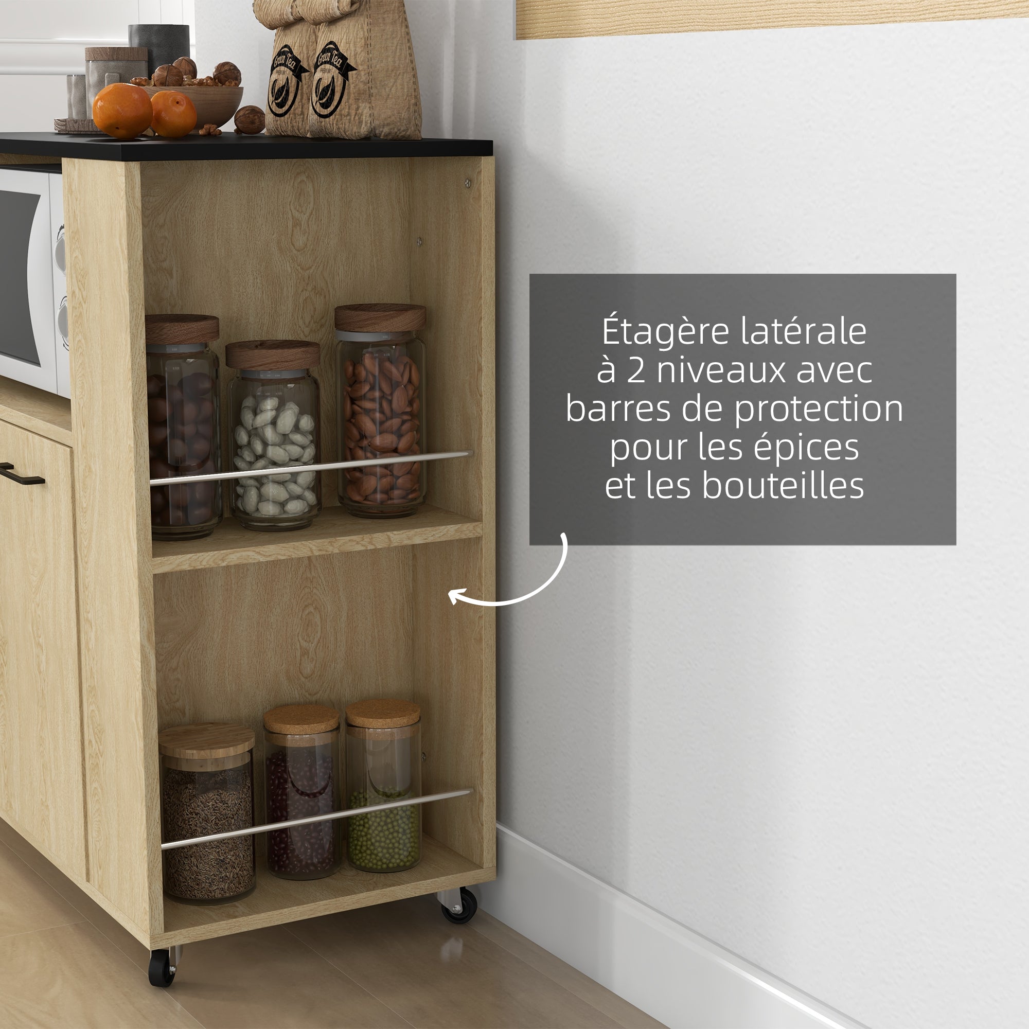 Desserte de cuisine à roulettes chariot de service étagère réglable multi-rangements meuble de rangement pour cuisine et salon 75 x 40 x 80,5 cm naturel noir