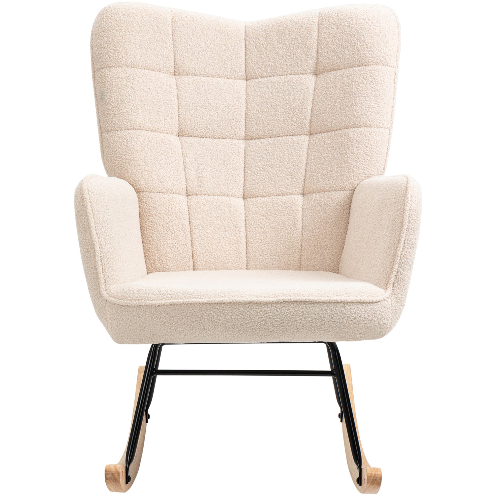 Fauteuil à bascule, rocking chair, revêtement bouclette, fauteuil allaitement, chaise à bascule, structure en acier, pieds en bois massif, beige