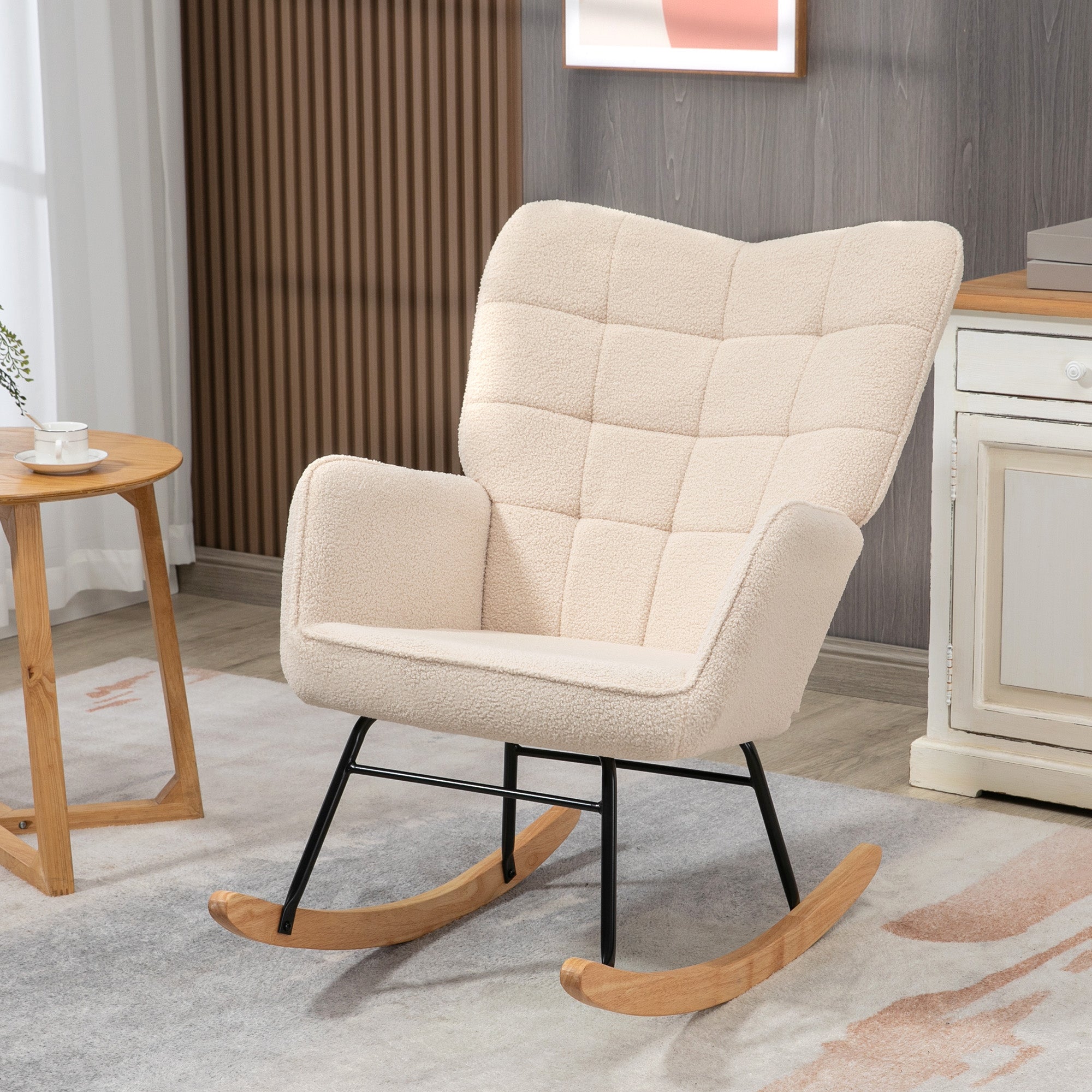 Fauteuil à bascule, rocking chair, revêtement bouclette, fauteuil allaitement, chaise à bascule, structure en acier, pieds en bois massif, beige