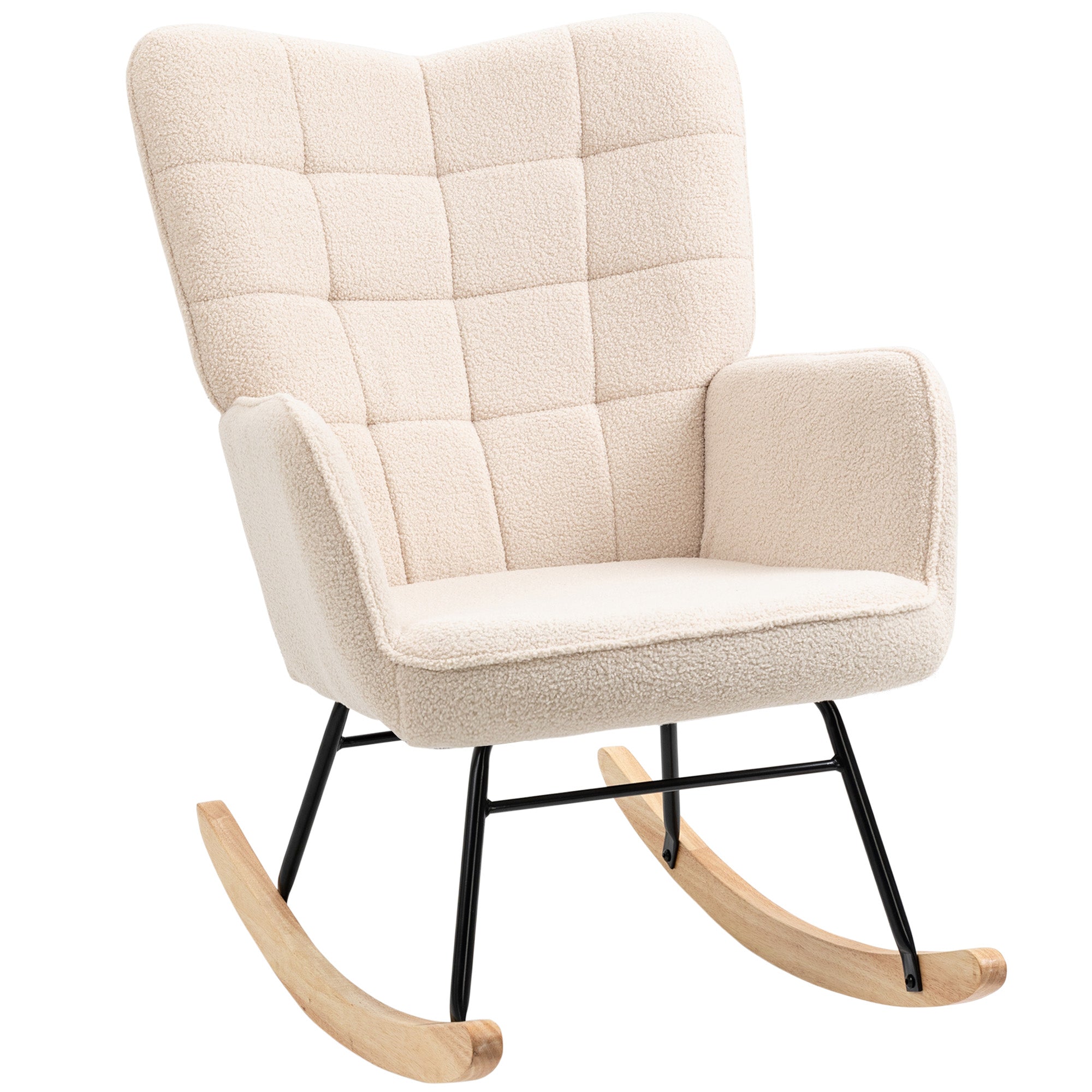 Fauteuil à bascule, rocking chair, revêtement bouclette, fauteuil allaitement, chaise à bascule, structure en acier, pieds en bois massif, beige