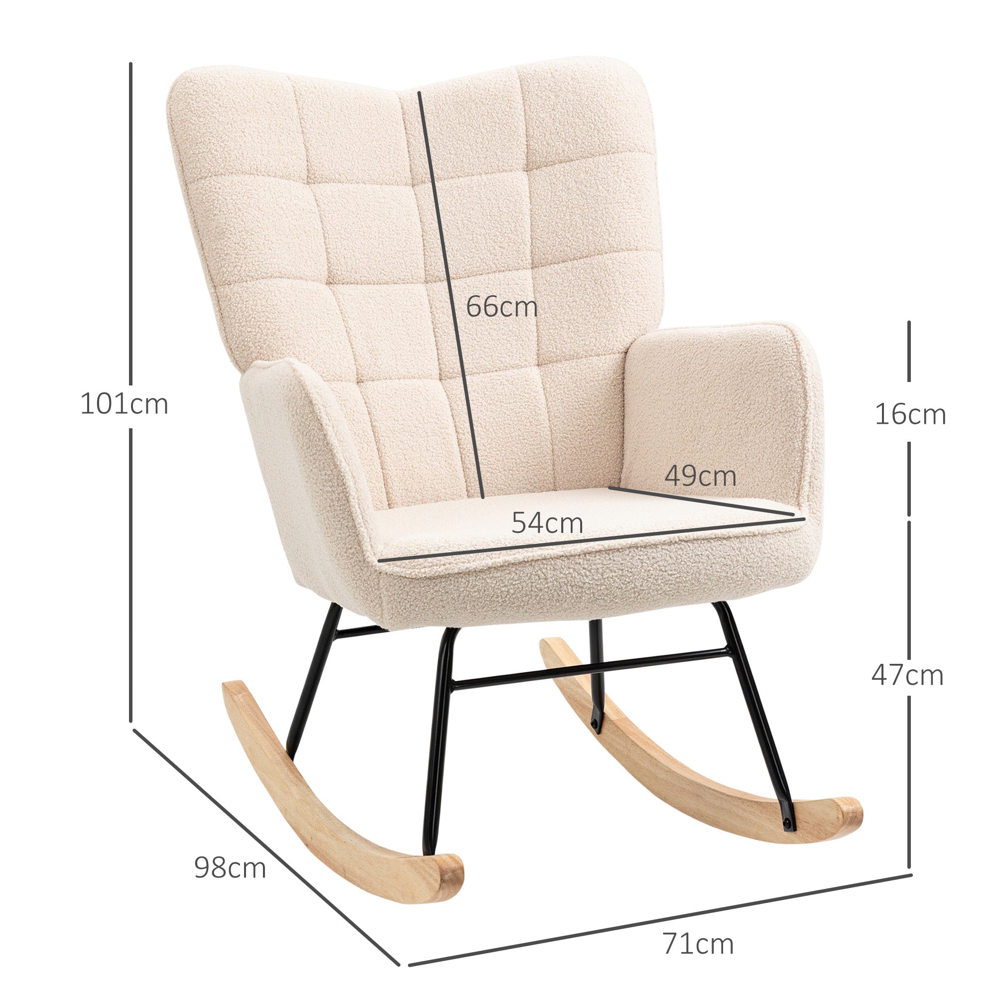 Fauteuil à bascule, rocking chair, revêtement bouclette, fauteuil allaitement, chaise à bascule, structure en acier, pieds en bois massif, beige