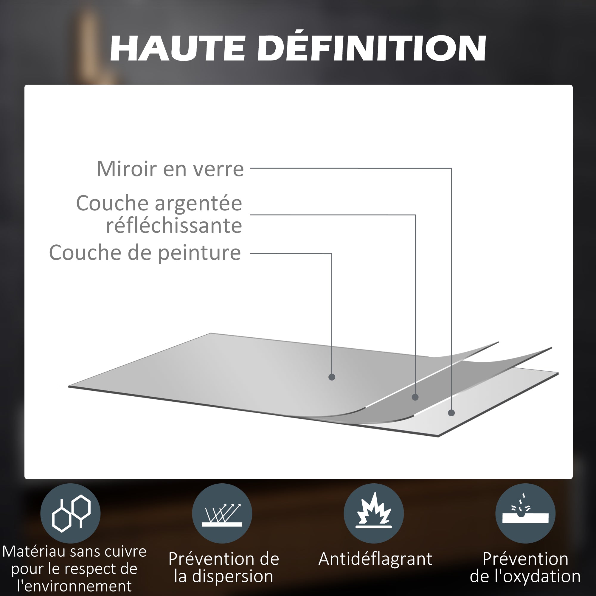Miroir rectangulaire mural lumineux LED de salle de bain - 80 x 60 cm - 3 couleurs, luminosité réglable interrupteur tactile système antibuée blanc transparent