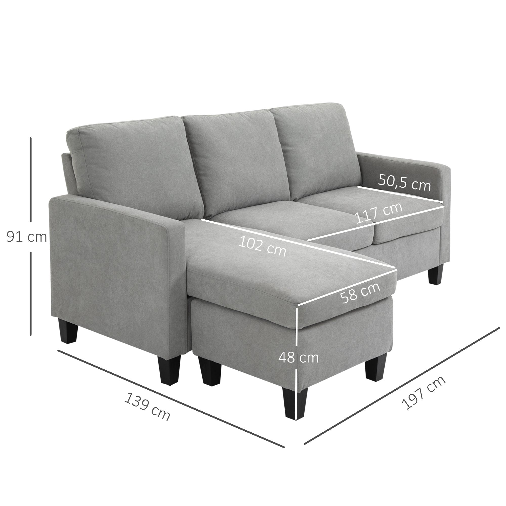 Canapé d'angle canapé 3 places avec méridienne réversible gauche ou droite pour salon, bureau, appartement, tissu polyester 197L x 139l x 91H cm gris clair