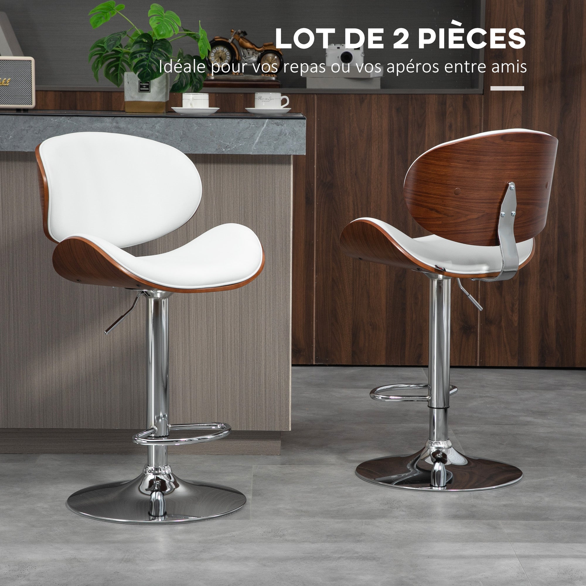 Lot de 2 tabourets de bar chaise de cuisine avec dossier revêtement synthétique hauteur réglable pivotant repose-pied blanc