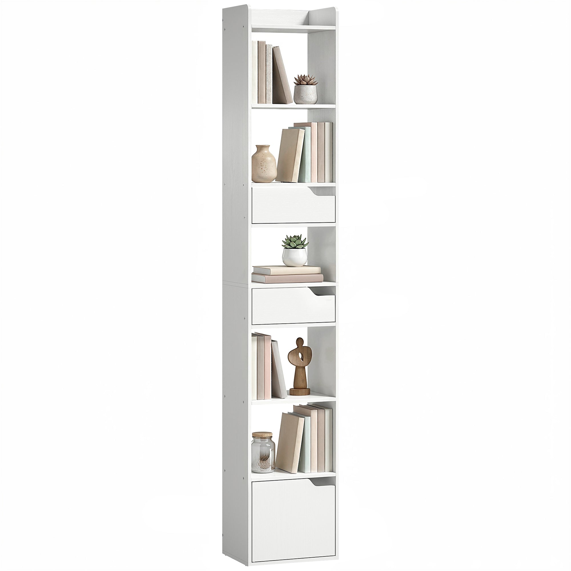 Bibliothèque étagère de rangement, étagère à livres étroite 32 x 24 x 181,5 cm avec porte, 2 tiroirs, compartiments ouverts, meuble de rangement pour salon, chambre, bureau, blanc