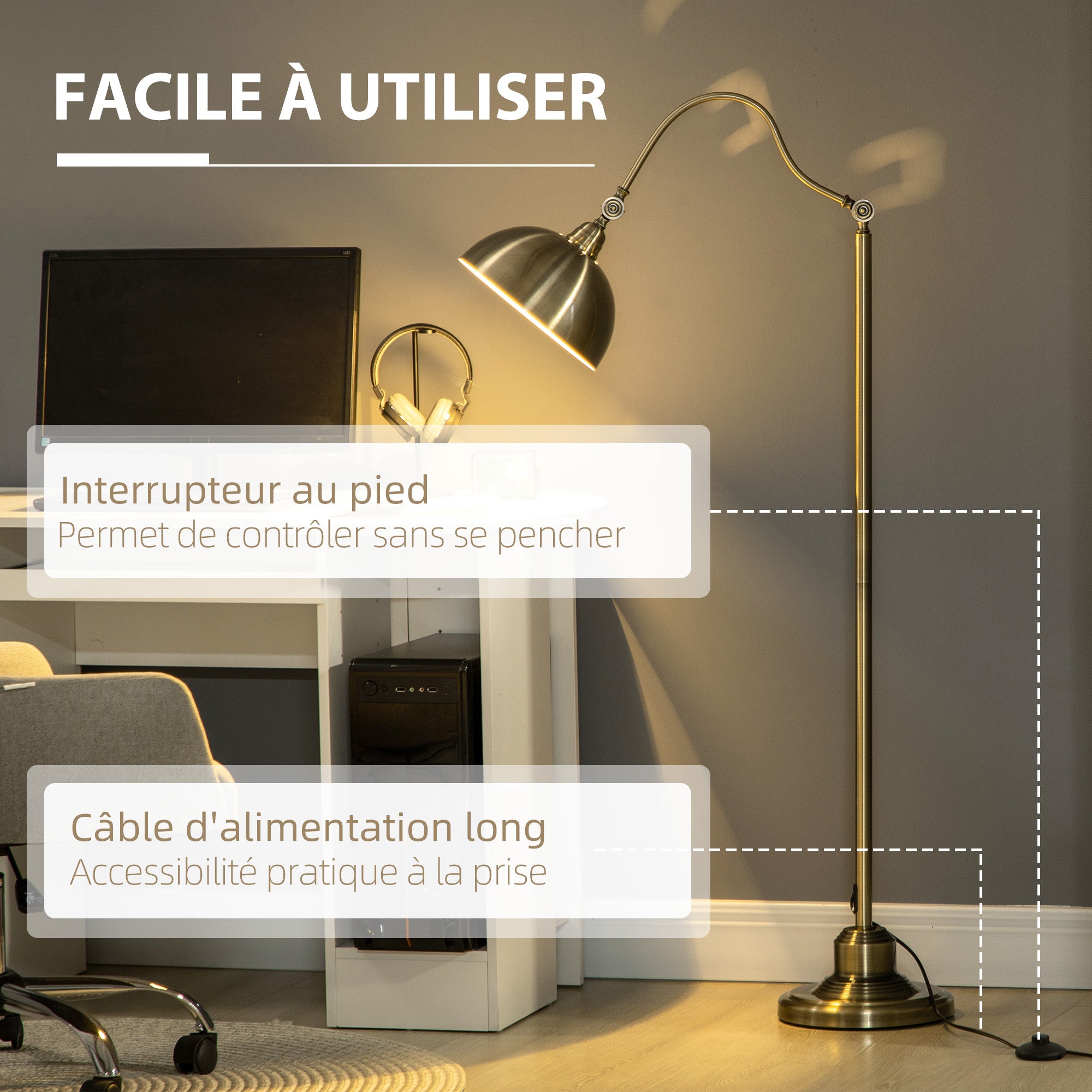 Lampadaire sur pied salon rotatif à 180°, lampadaire à arc avec abat-jour réglable, interrupteur, lampe sur pied E27, lampe de lecture en métal, pour salon, chambre, bureau, bronze