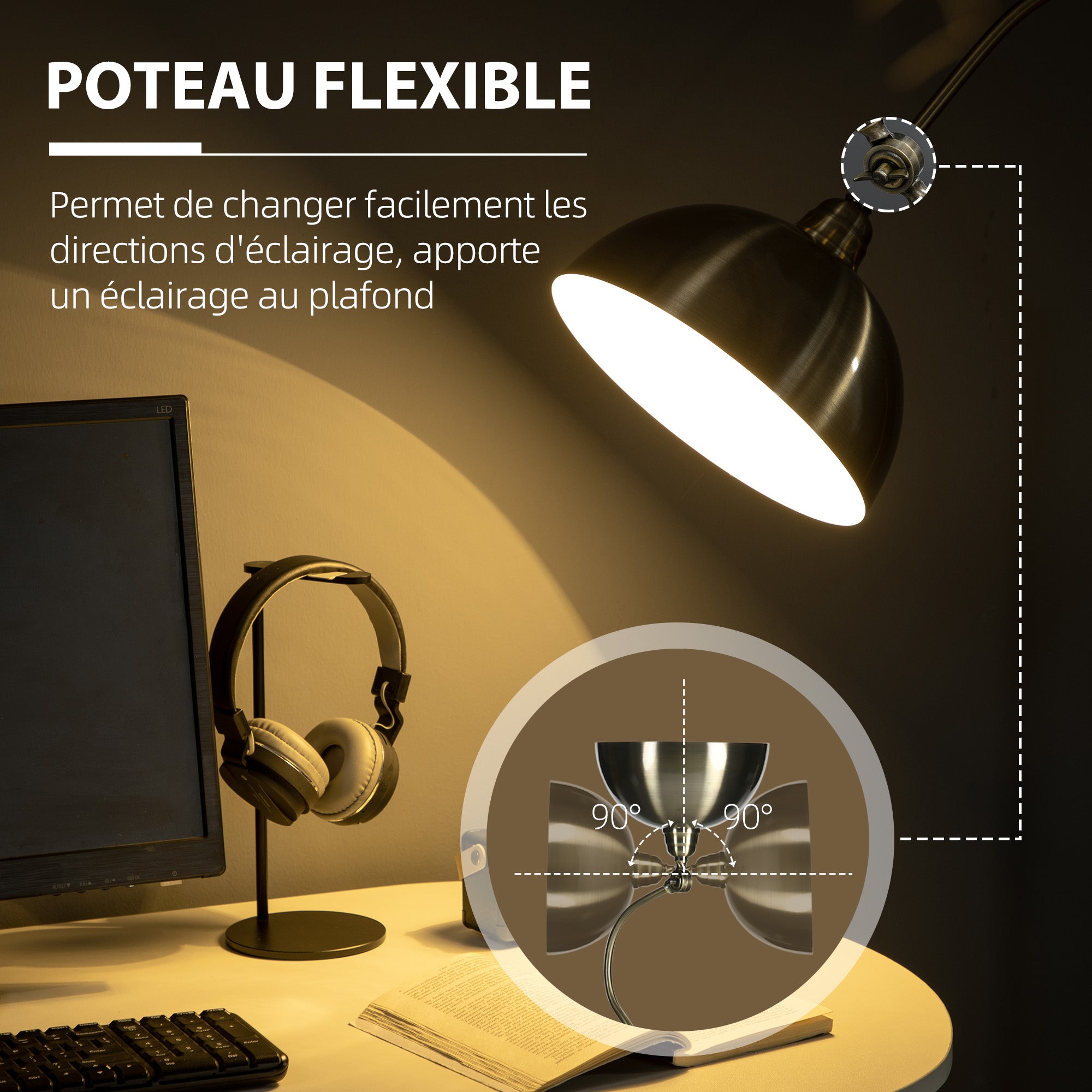 Lampadaire sur pied salon rotatif à 180°, lampadaire à arc avec abat-jour réglable, interrupteur, lampe sur pied E27, lampe de lecture en métal, pour salon, chambre, bureau, bronze