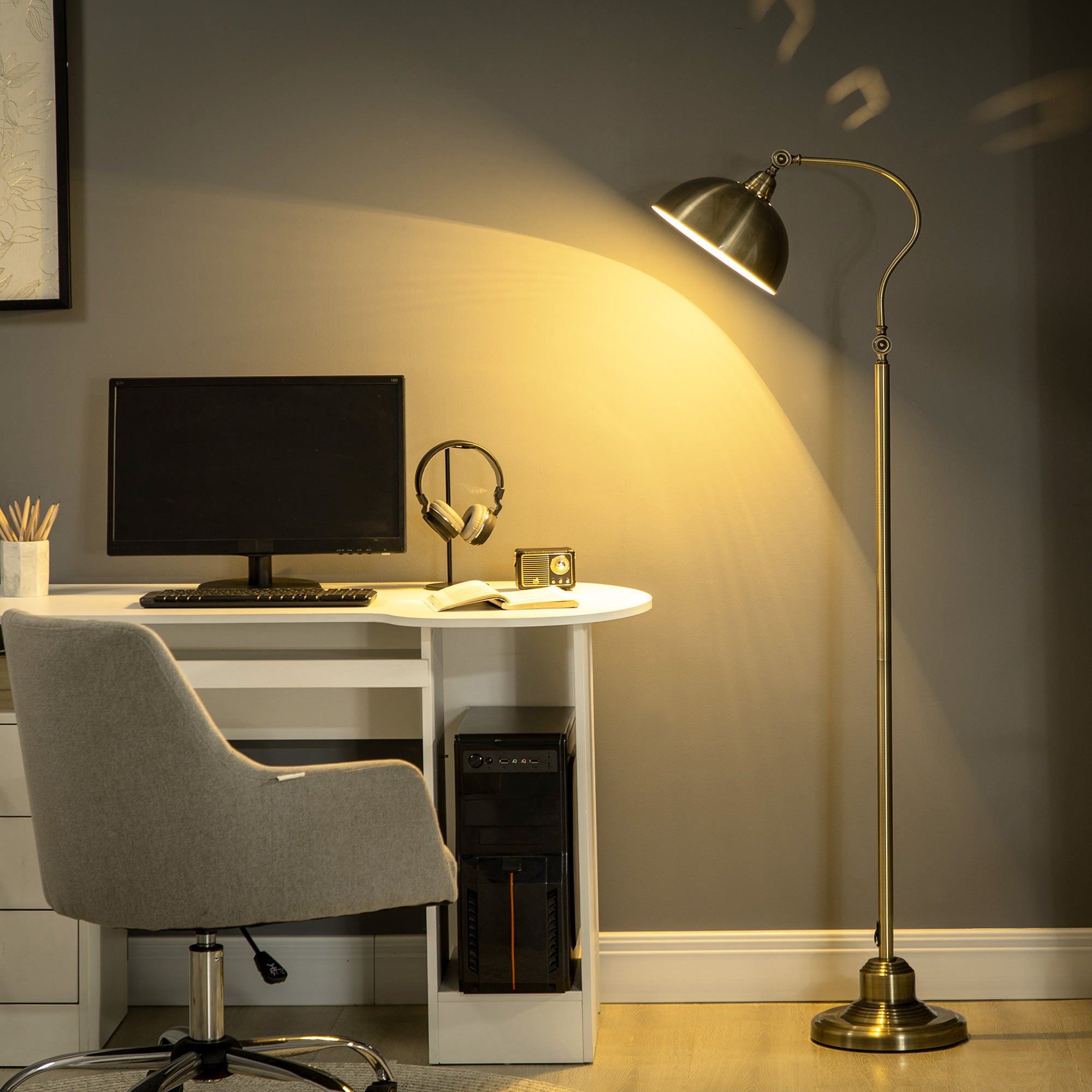 Lampadaire sur pied salon rotatif à 180°, lampadaire à arc avec abat-jour réglable, interrupteur, lampe sur pied E27, lampe de lecture en métal, pour salon, chambre, bureau, bronze