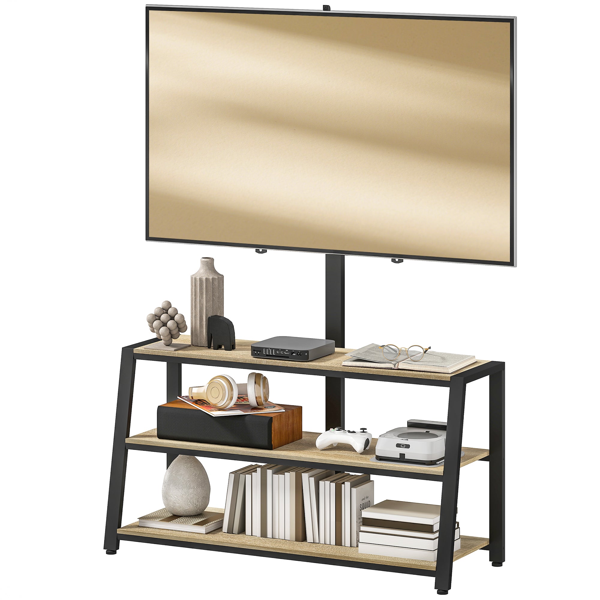 Meuble TV avec support orientable 35°, meuble télé pour téléviseurs de 32-70 pouces, étagères ouvertes, banc TV industriel pour salon chambre à coucher, 108x41x135cm, effet bois naturel