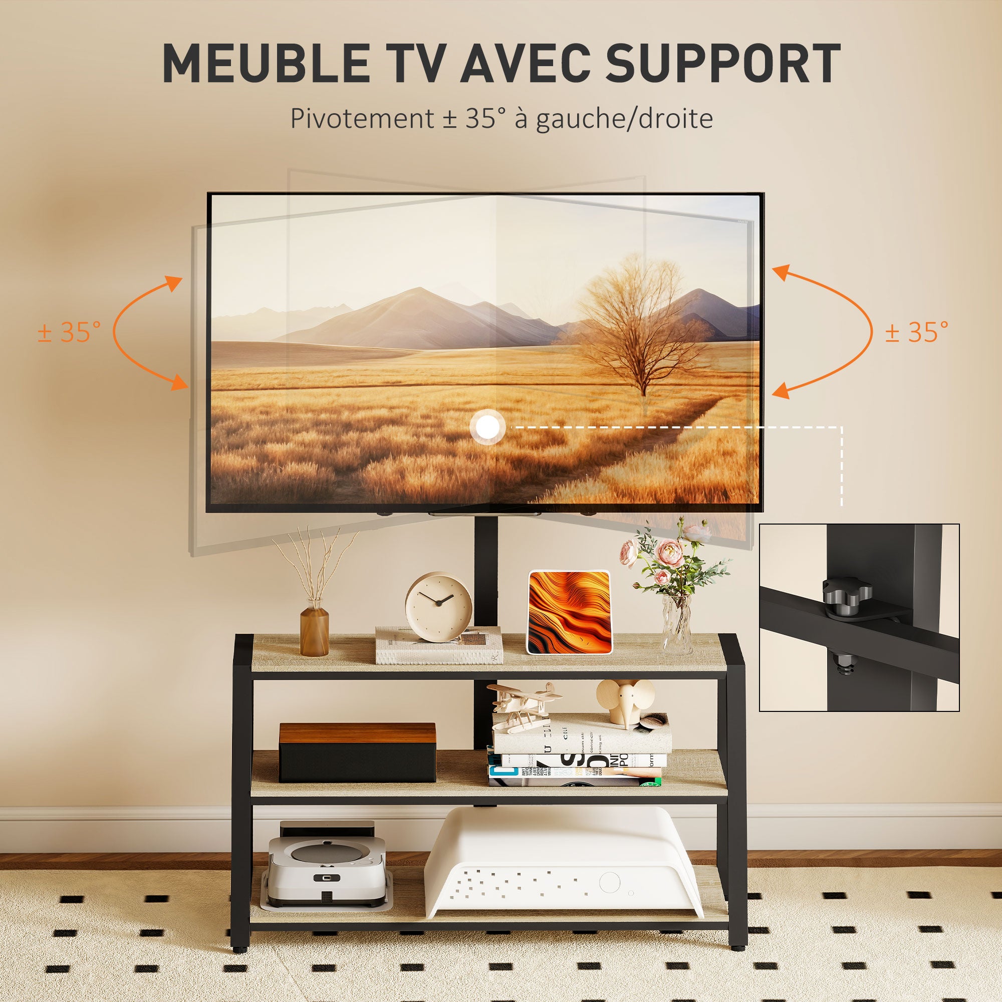 Meuble TV avec support orientable 35°, meuble télé pour téléviseurs de 32-70 pouces, étagères ouvertes, banc TV industriel pour salon chambre à coucher, 108x41x135cm, effet bois naturel