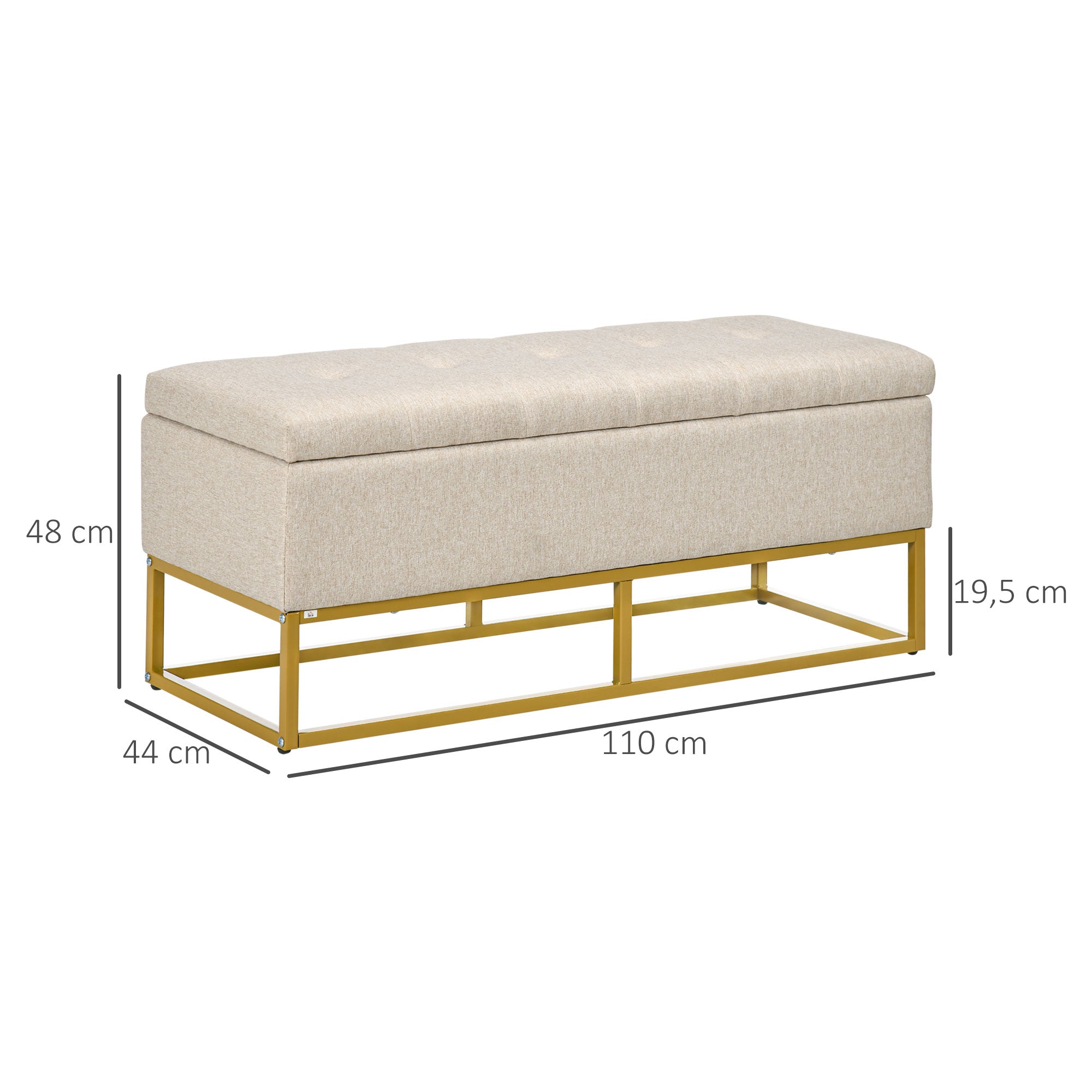 Banc de rangement, bout de lit, coffre de rangement avec assise capitonnée et pieds en acier, 110 x 44 x 48 cm, beige et doré