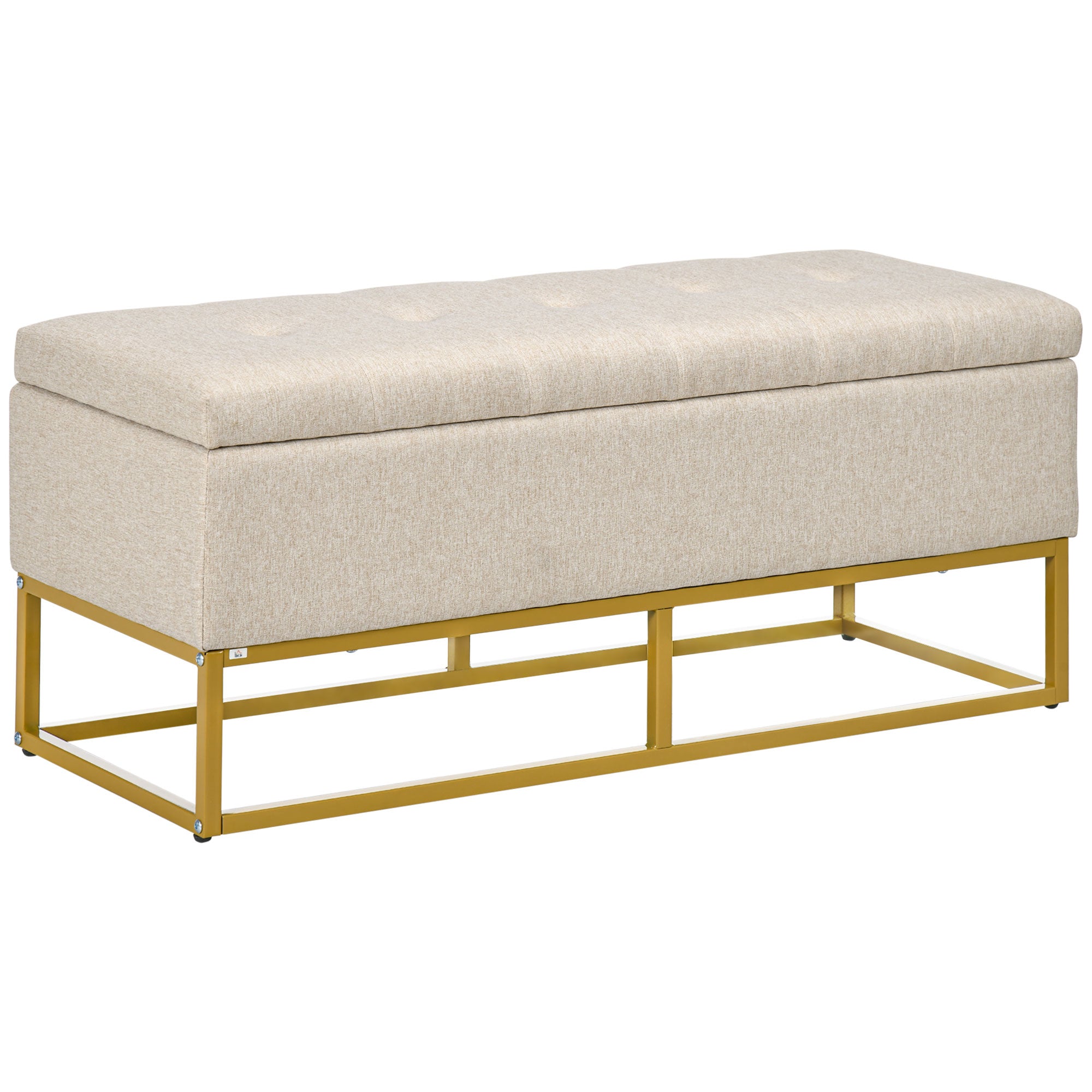Banc de rangement, bout de lit, coffre de rangement avec assise capitonnée et pieds en acier, 110 x 44 x 48 cm, beige et doré