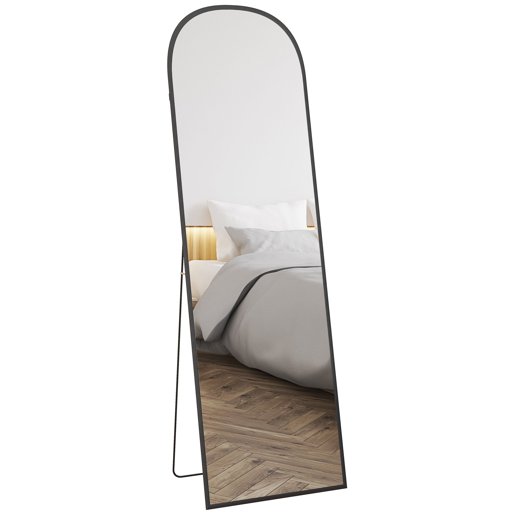 Miroir sur pied, miroir mural rectangulaire, arrondi, cadre en aluminium, support pour entrée, chambre, dressing, 50 x 161,5 cm, noir