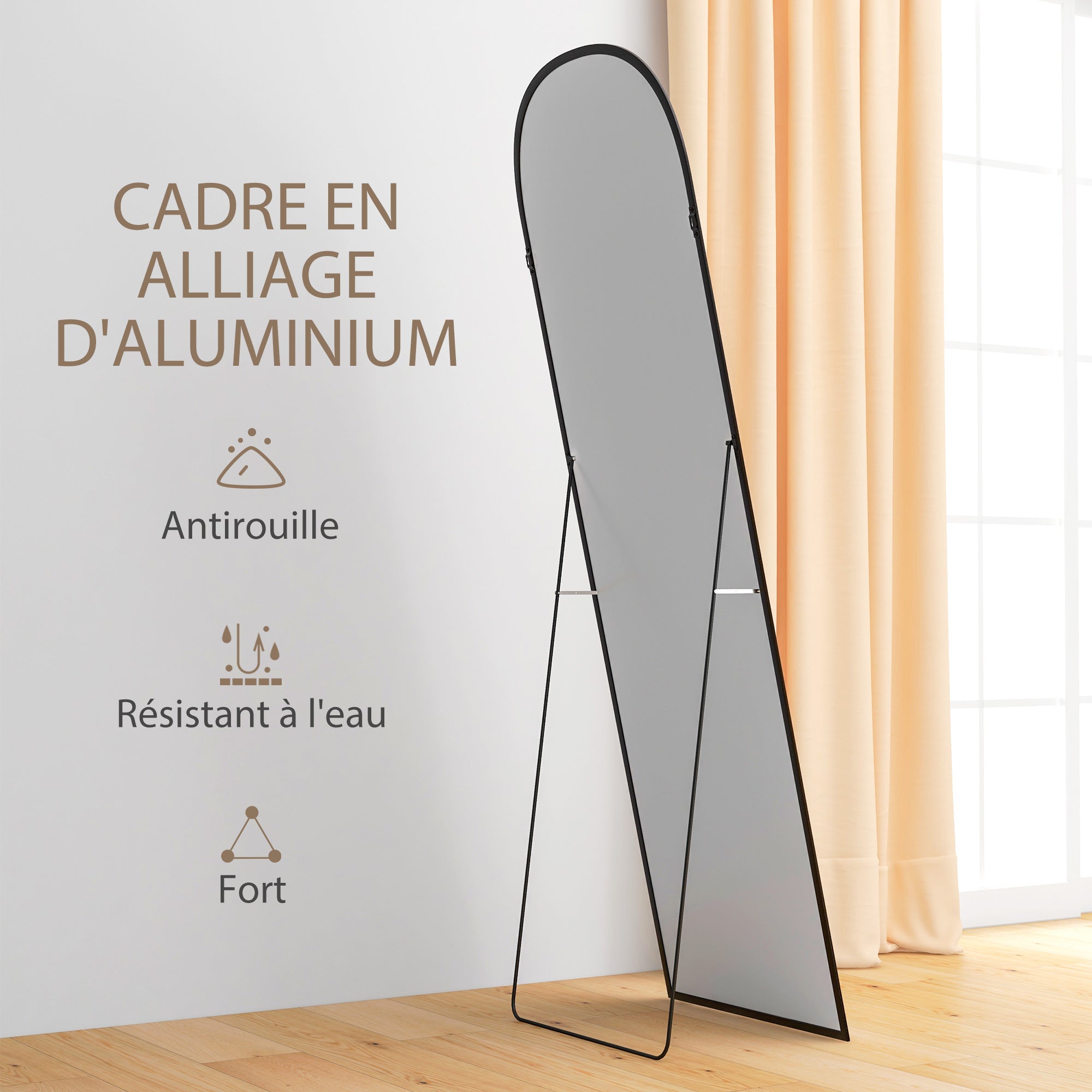 Miroir sur pied, miroir mural rectangulaire, arrondi, cadre en aluminium, support pour entrée, chambre, dressing, 50 x 161,5 cm, noir