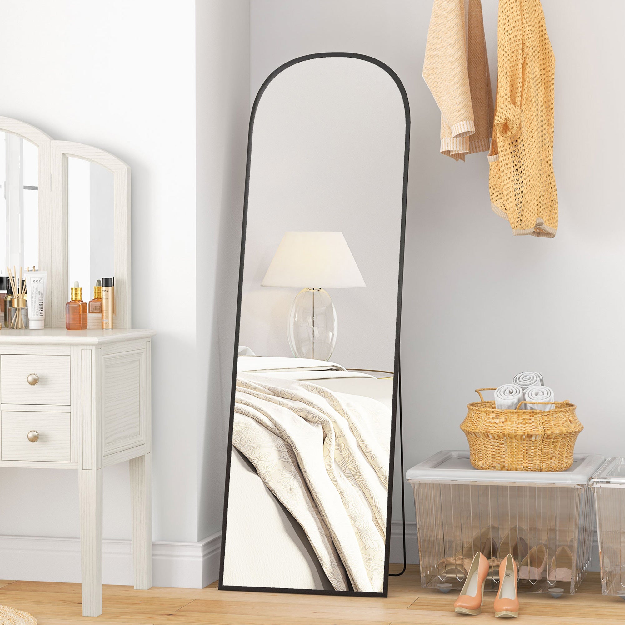 Miroir sur pied, miroir mural rectangulaire, arrondi, cadre en aluminium, support pour entrée, chambre, dressing, 50 x 161,5 cm, noir