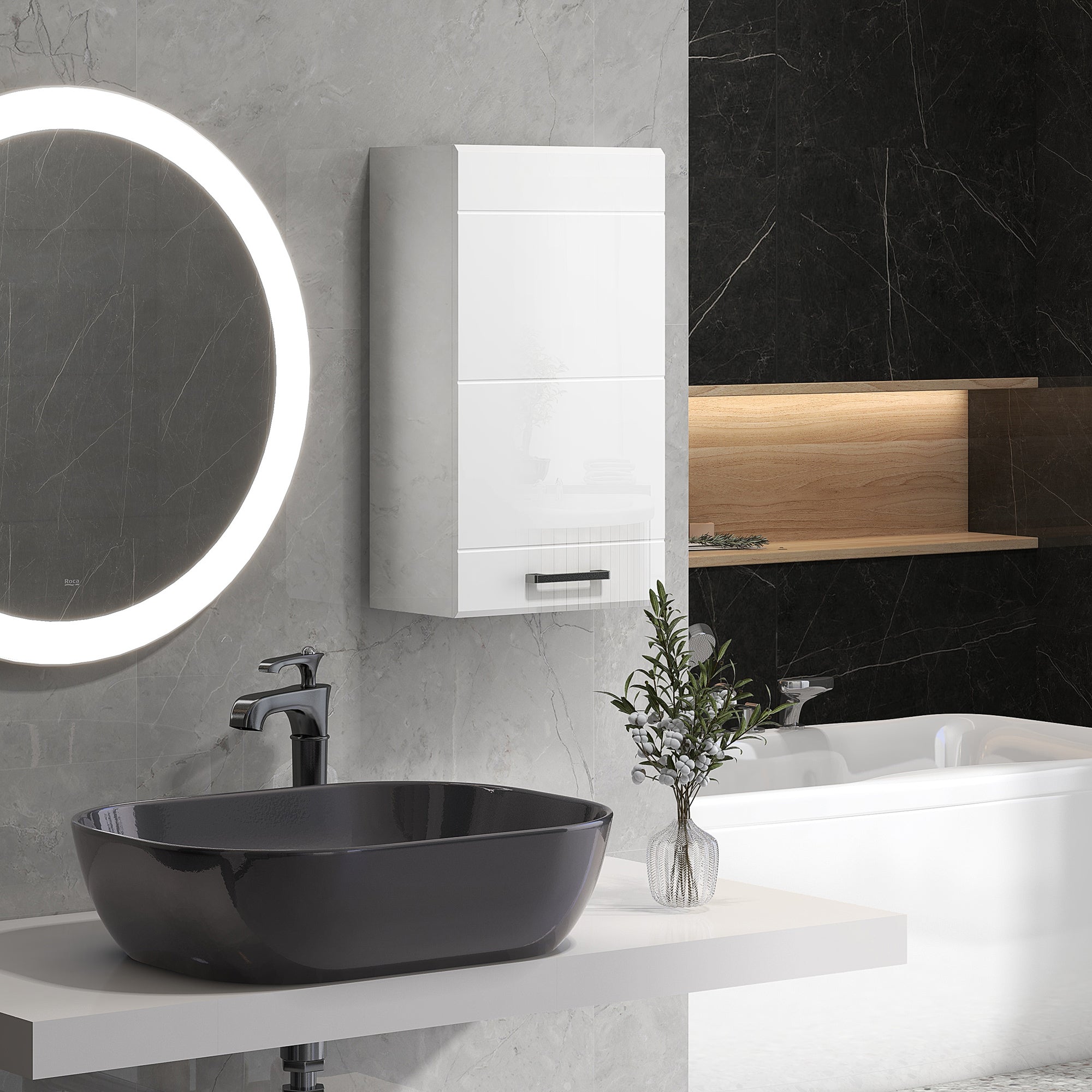 Armoire murale de salle de bain, placard de rangement toilette 3 niveaux, étagère réglable, 1 porte, moderne, armoire suspendue, 37 x 22,5 x 70 cm, blanc haut brillant
