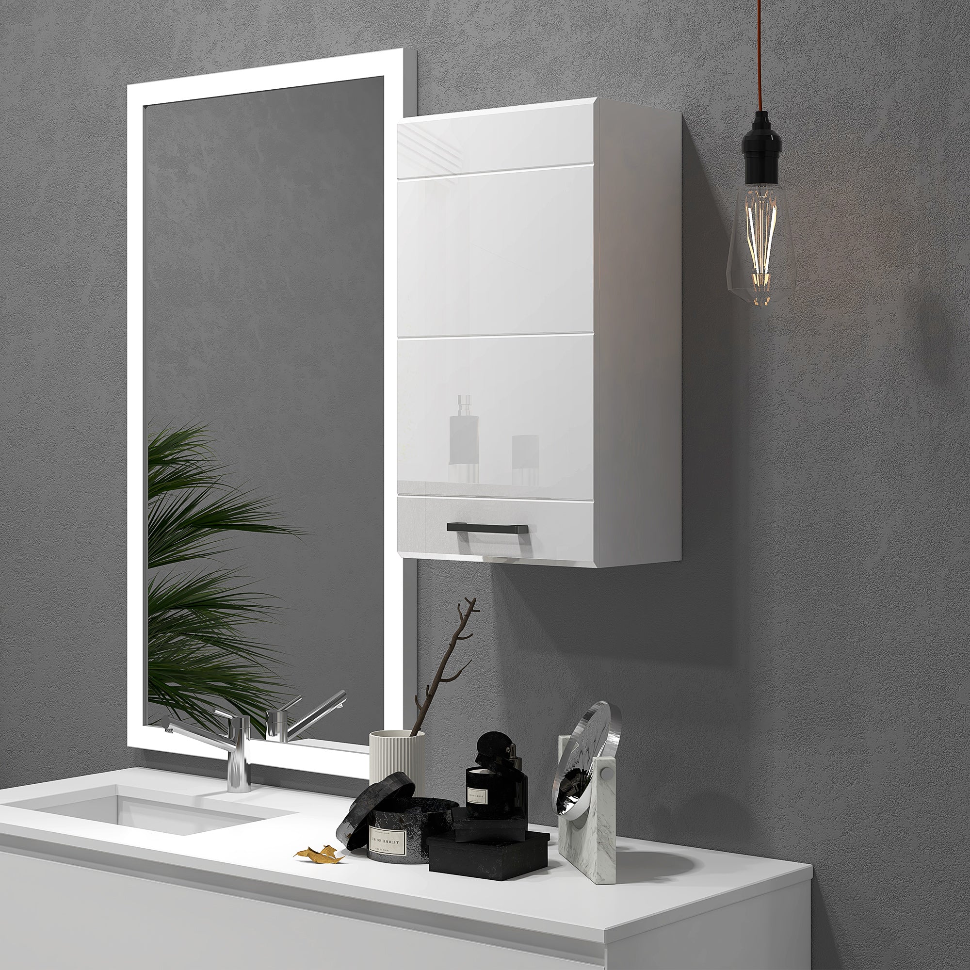 Armoire murale de salle de bain, placard de rangement toilette 3 niveaux, étagère réglable, 1 porte, moderne, armoire suspendue, 37 x 22,5 x 70 cm, blanc haut brillant