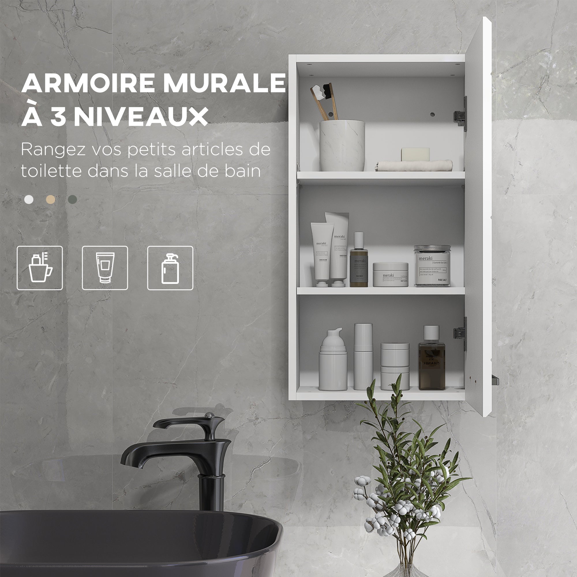 Armoire murale de salle de bain, placard de rangement toilette 3 niveaux, étagère réglable, 1 porte, moderne, armoire suspendue, 37 x 22,5 x 70 cm, blanc haut brillant
