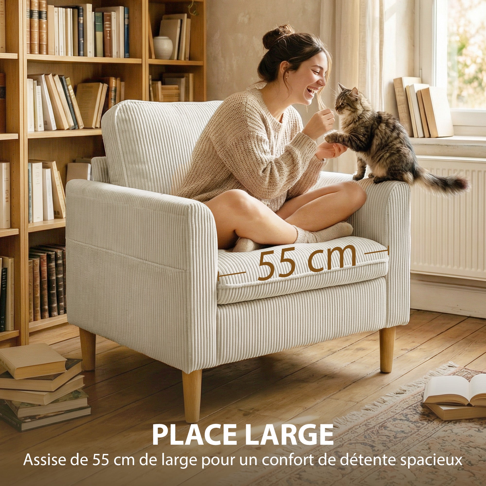 Fauteuil de salon en velours côtelé, canapé 1 place rembourré avec assise large et coussin à ressorts, style moderne, pour chambre, salon, petit espace, beige