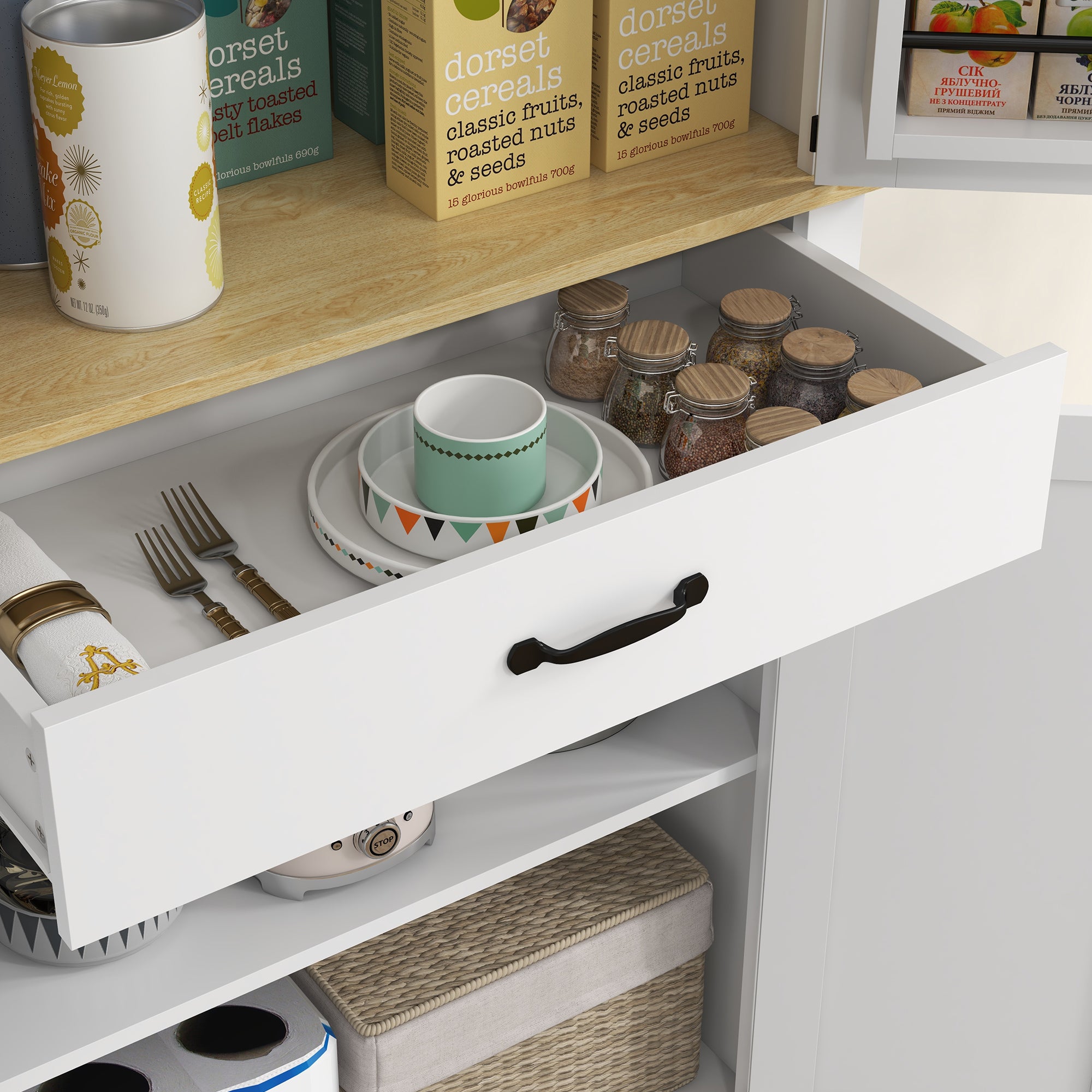 Armoire de cuisine buffet cuisine vaisselier meuble de rangement, avec 4 portes, 6 étagères à porte,1 tiroir et étagères réglables, multi-rangements, 76,5 x 40 x 181 cm, blanc