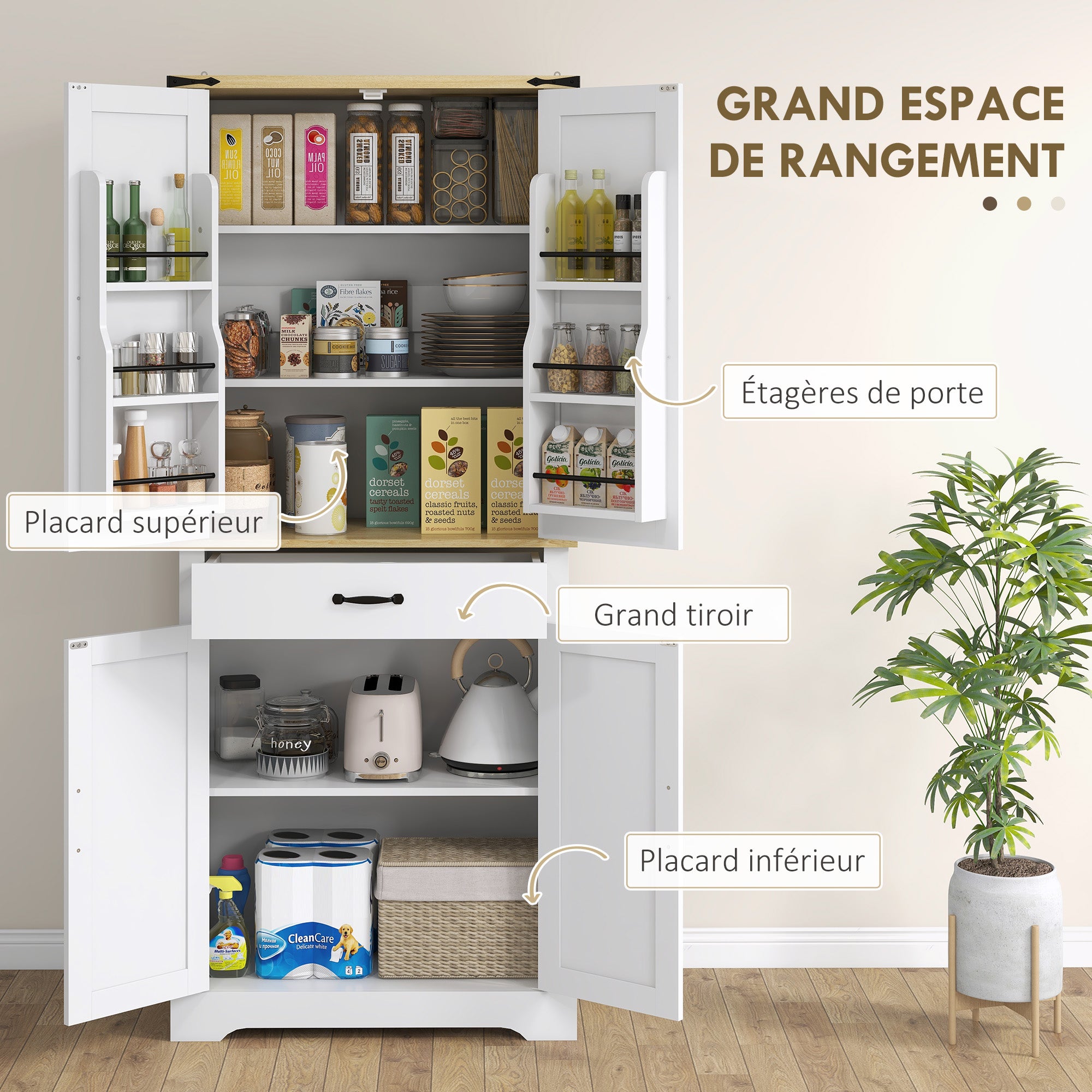 Armoire de cuisine buffet cuisine vaisselier meuble de rangement, avec 4 portes, 6 étagères à porte,1 tiroir et étagères réglables, multi-rangements, 76,5 x 40 x 181 cm, blanc