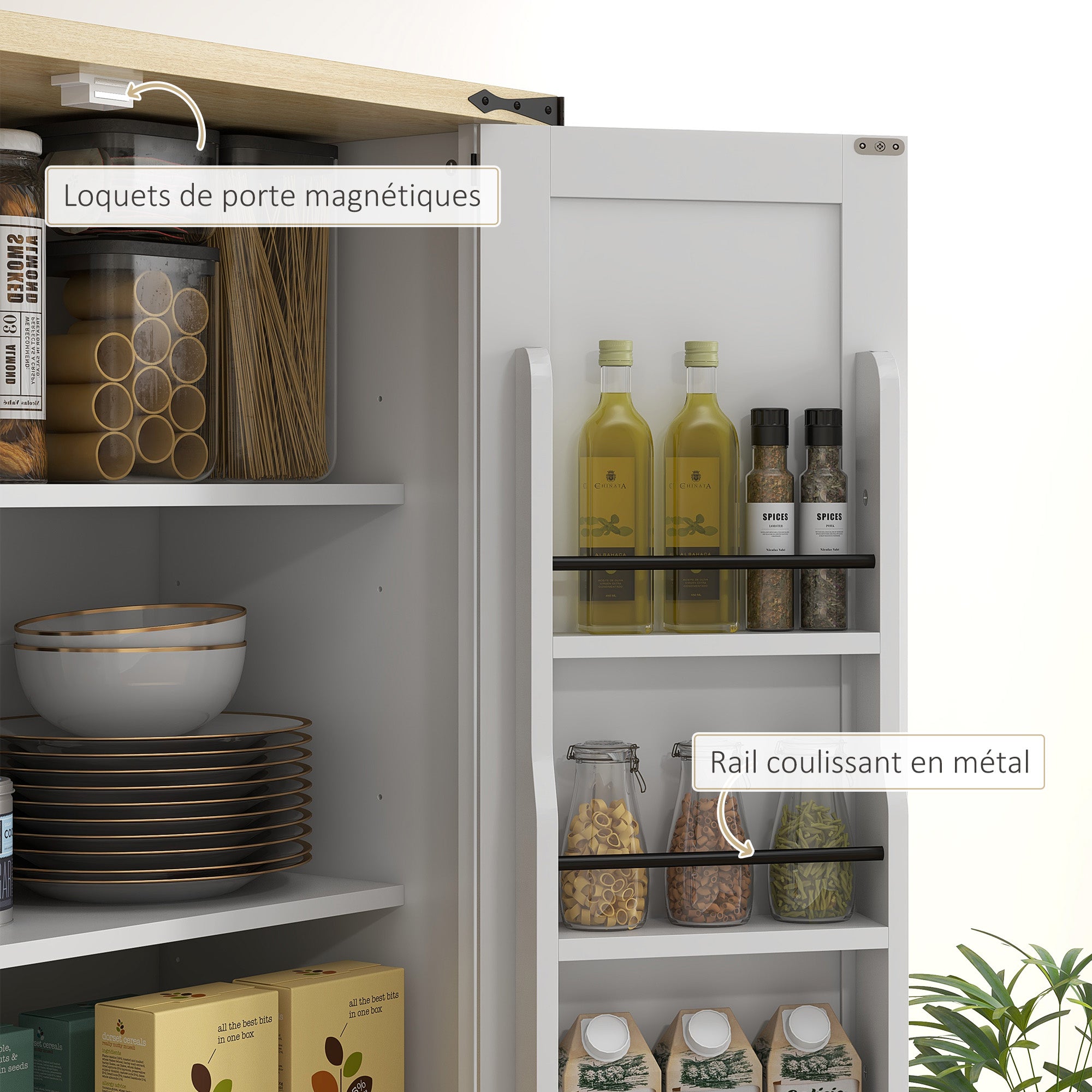 Armoire de cuisine buffet cuisine vaisselier meuble de rangement, avec 4 portes, 6 étagères à porte,1 tiroir et étagères réglables, multi-rangements, 76,5 x 40 x 181 cm, blanc