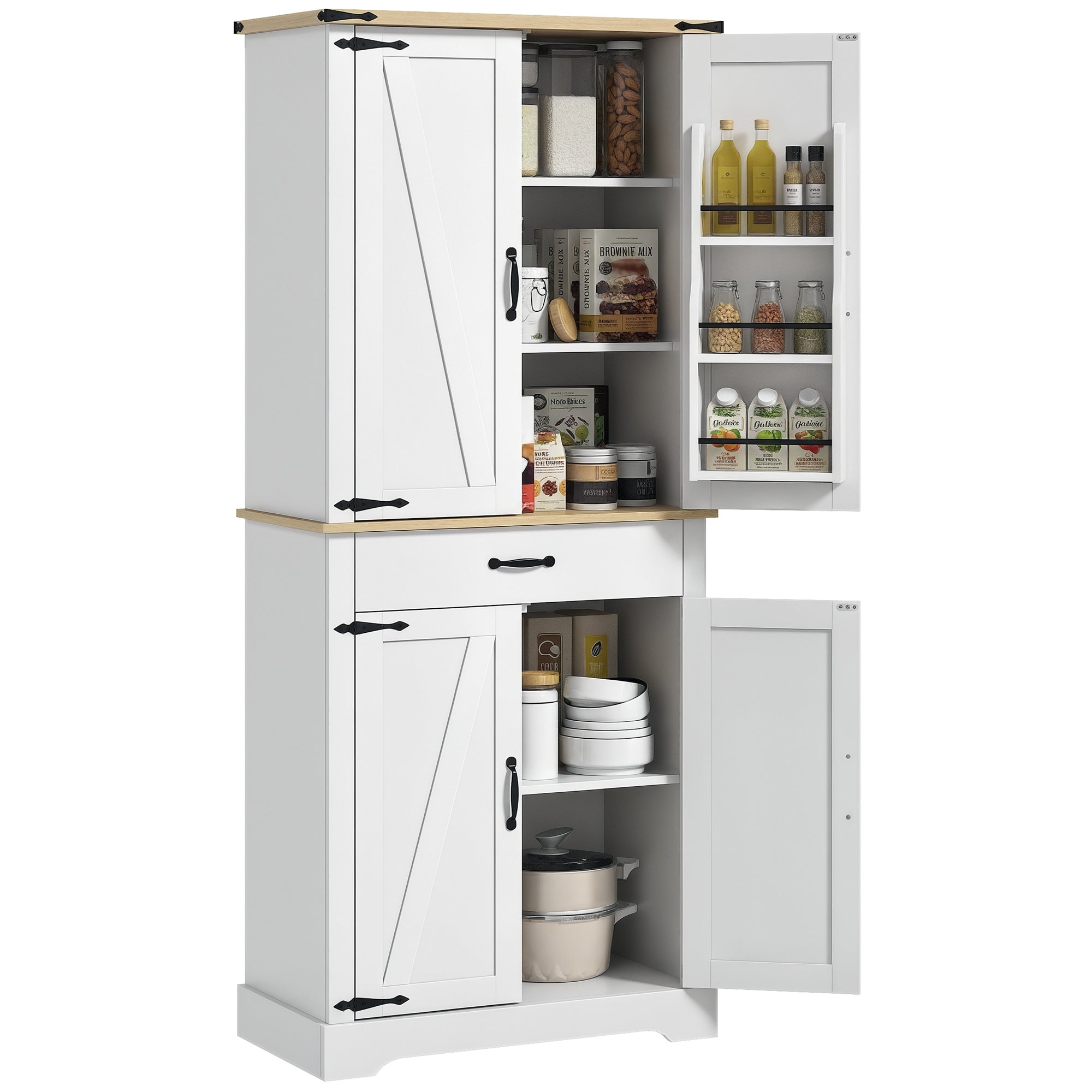 Armoire de cuisine buffet cuisine vaisselier meuble de rangement, avec 4 portes, 6 étagères à porte,1 tiroir et étagères réglables, multi-rangements, 76,5 x 40 x 181 cm, blanc
