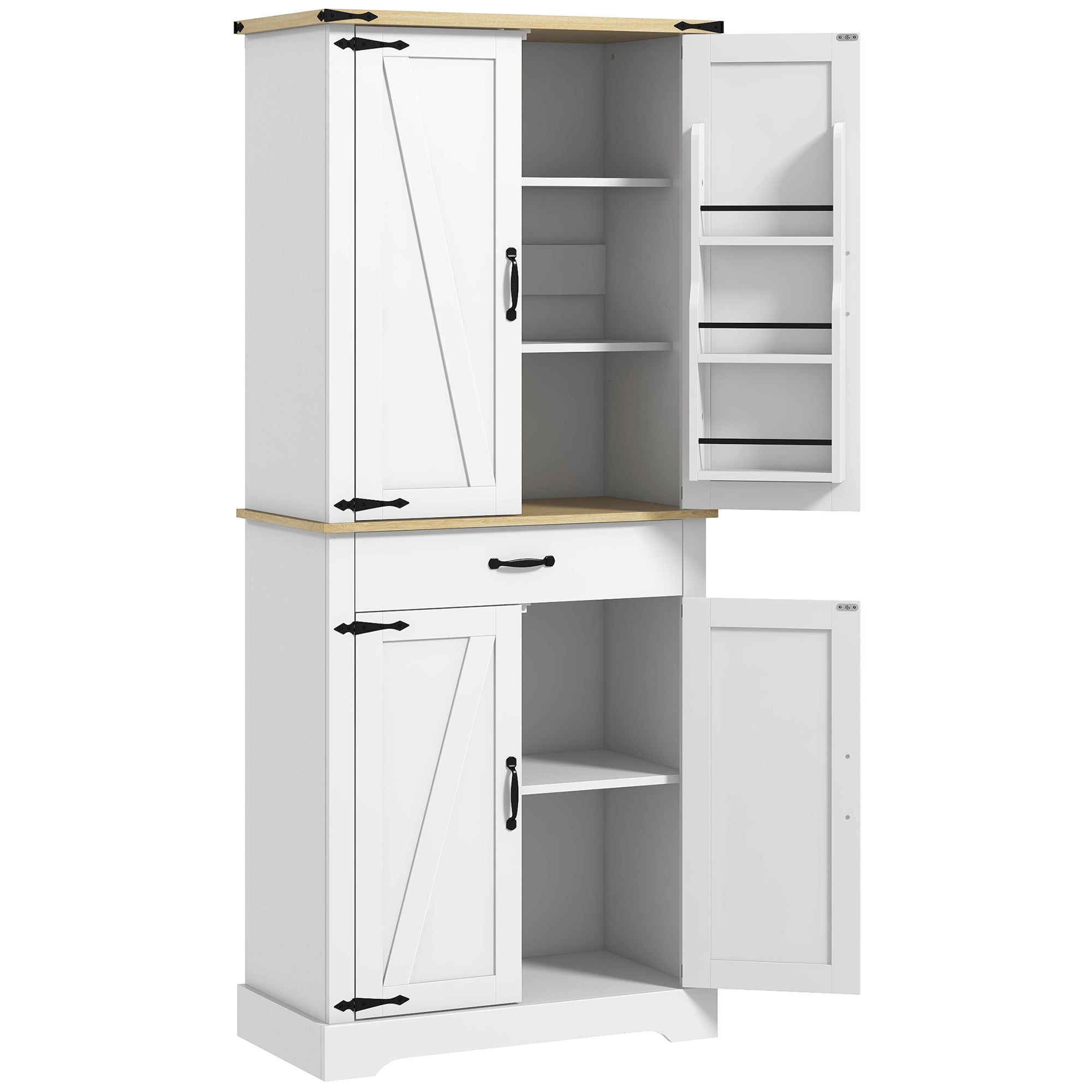 Armoire de cuisine buffet cuisine vaisselier meuble de rangement, avec 4 portes, 6 étagères à porte,1 tiroir et étagères réglables, multi-rangements, 76,5 x 40 x 181 cm, blanc