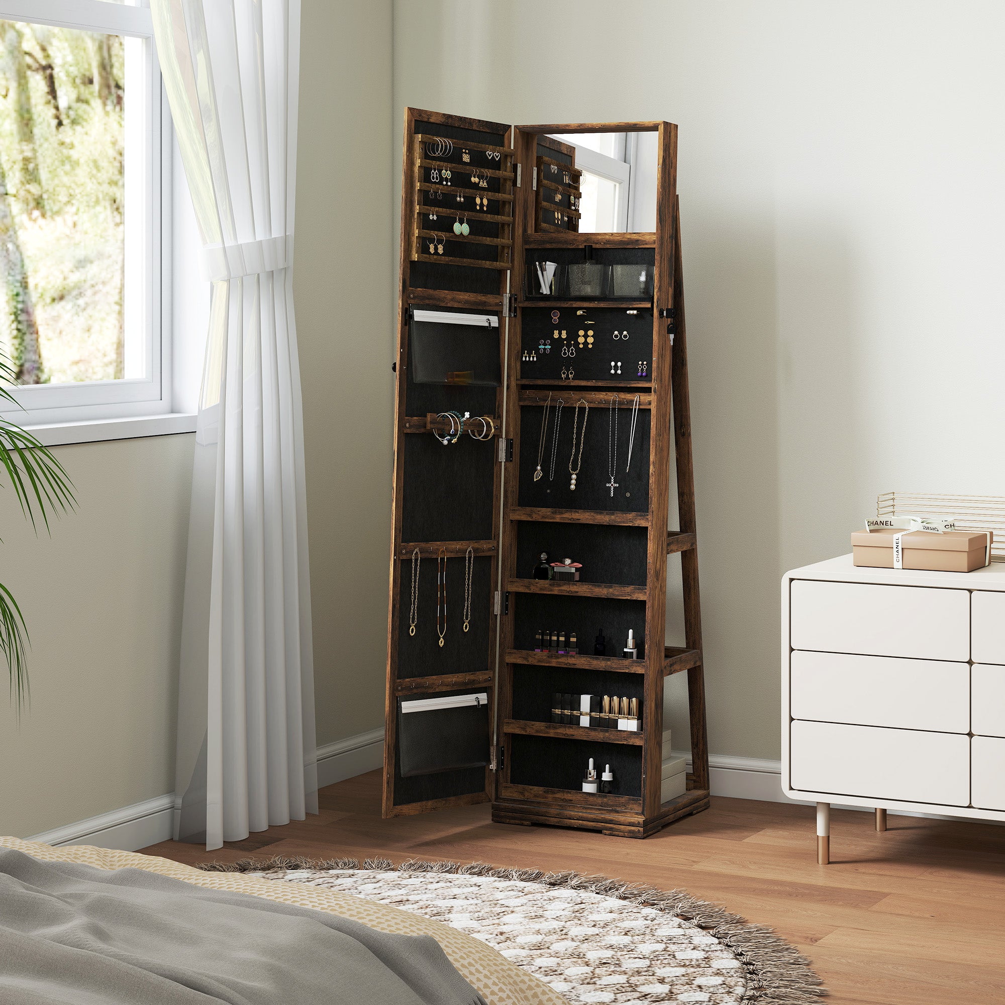 Armoire à Bijoux pivotante verrouillable boîte à bijoux avec Miroir - Armoire Bijoux Multi-Rangement - en Bois Brun Rustique