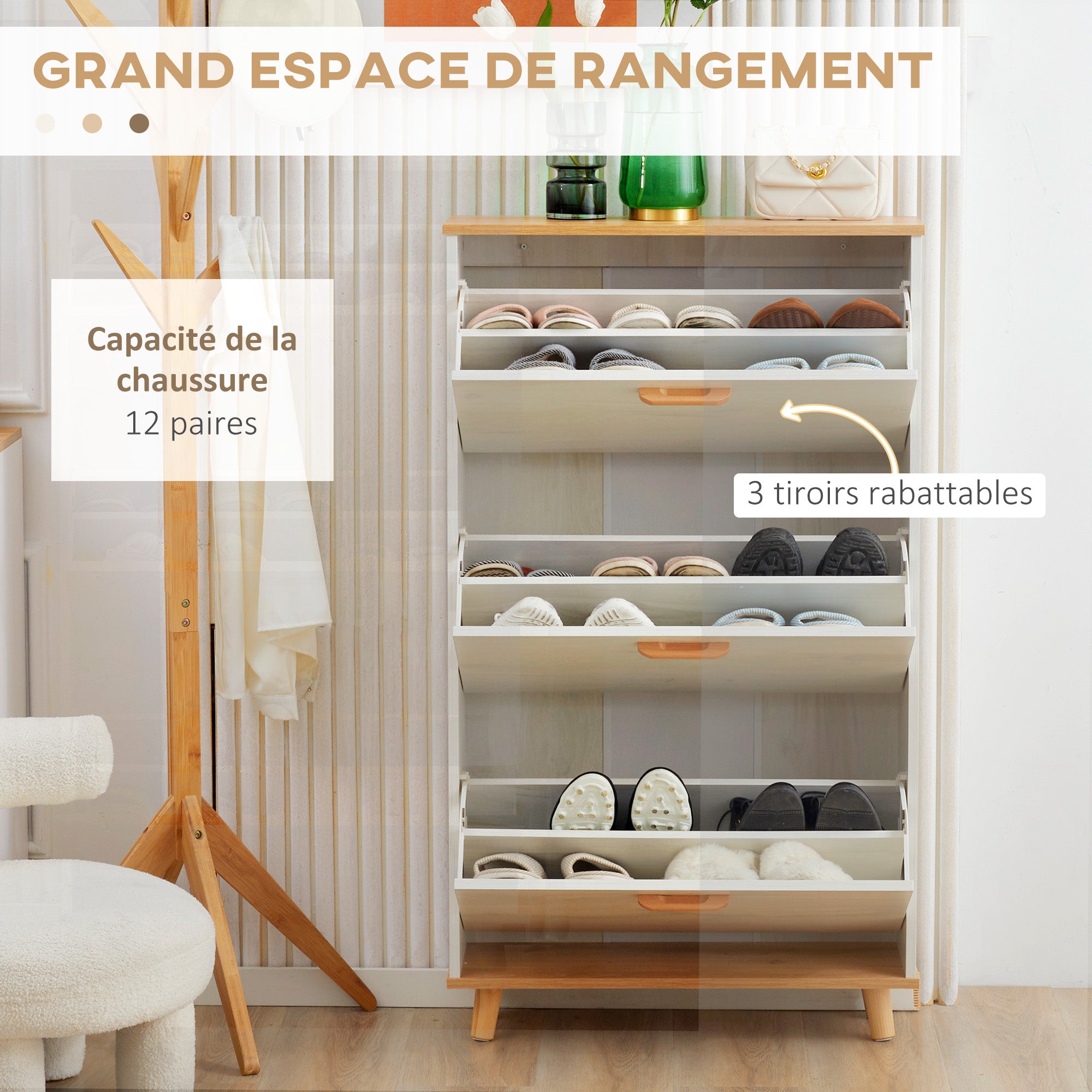 Meuble à chaussures étagère à chaussures style scandinave 3 abattants aspect bois - 70 x 23,5 x 122 cm - crème