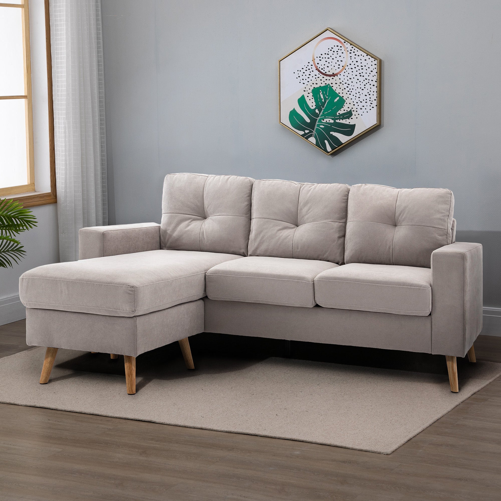 Canapé d'angle en tissu de lin, canapé 3 places, chaise longue reversible gauche ou droite, 193 cm, design scandinave, pour salon, appartement, petit espace, pieds en bois massif, gris clair