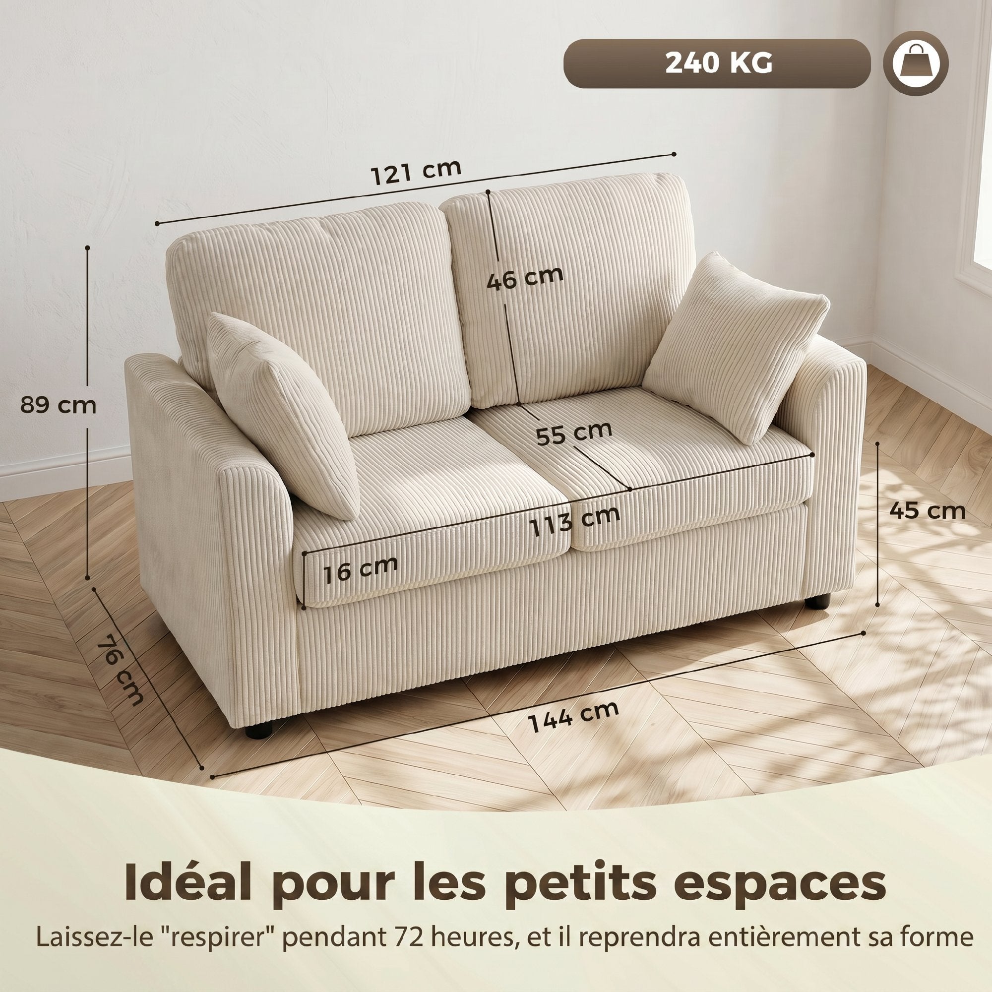 Canapé 2 Places en Velours Côtelé, Canapé de Salon 144 cm avec Assise Large Rembourrée, Coussin Épais à Ressorts, 2 Oreillers, Style Moderne, pour Chambre, Appartement, Petit Espace, Beige