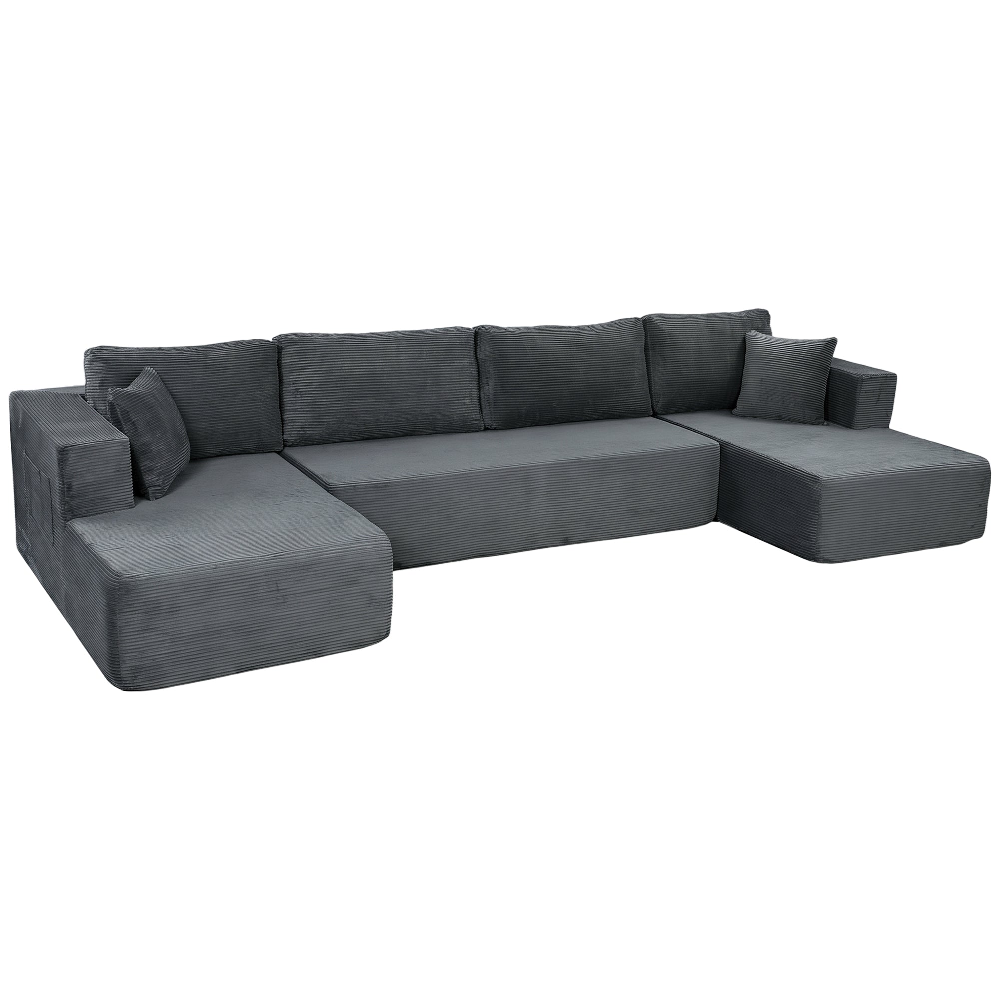 Canapé Modulaire en U Compressé 4 Places, 2 Méridiennes et Canapé 2 Places - Canapé d'Angle Convertible, 6 Coussins, Accoudoirs avec Poches Latérales - Sans Montage, pour Salon Chambre, Gris