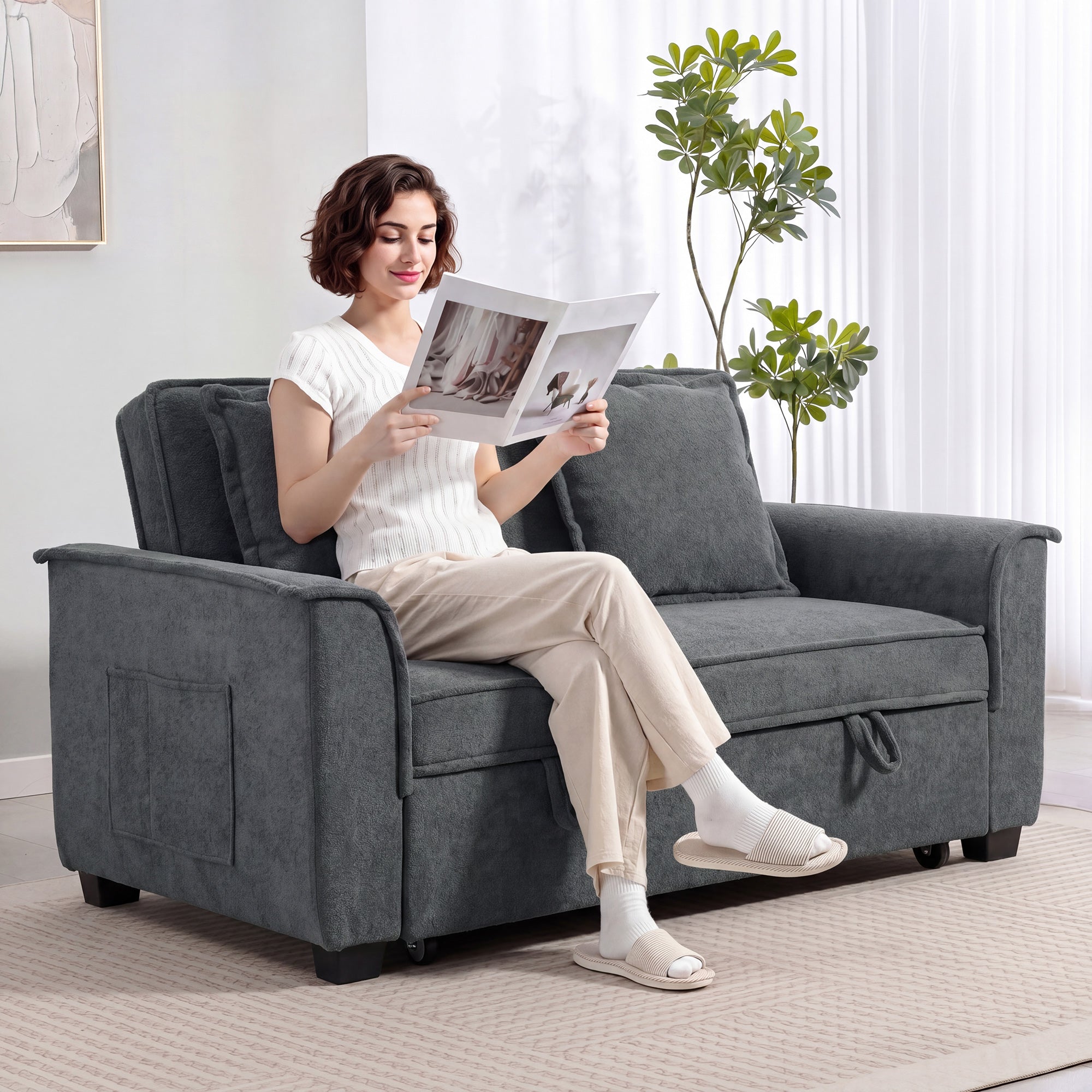 Canapé convertible 2 places, canapé-lit clic-clac en chenille 168cm, dossier réglable, ressorts ensachés, poche latérale, 2 coussins, style moderne, pour salon chambre d'amis petit espace, gris