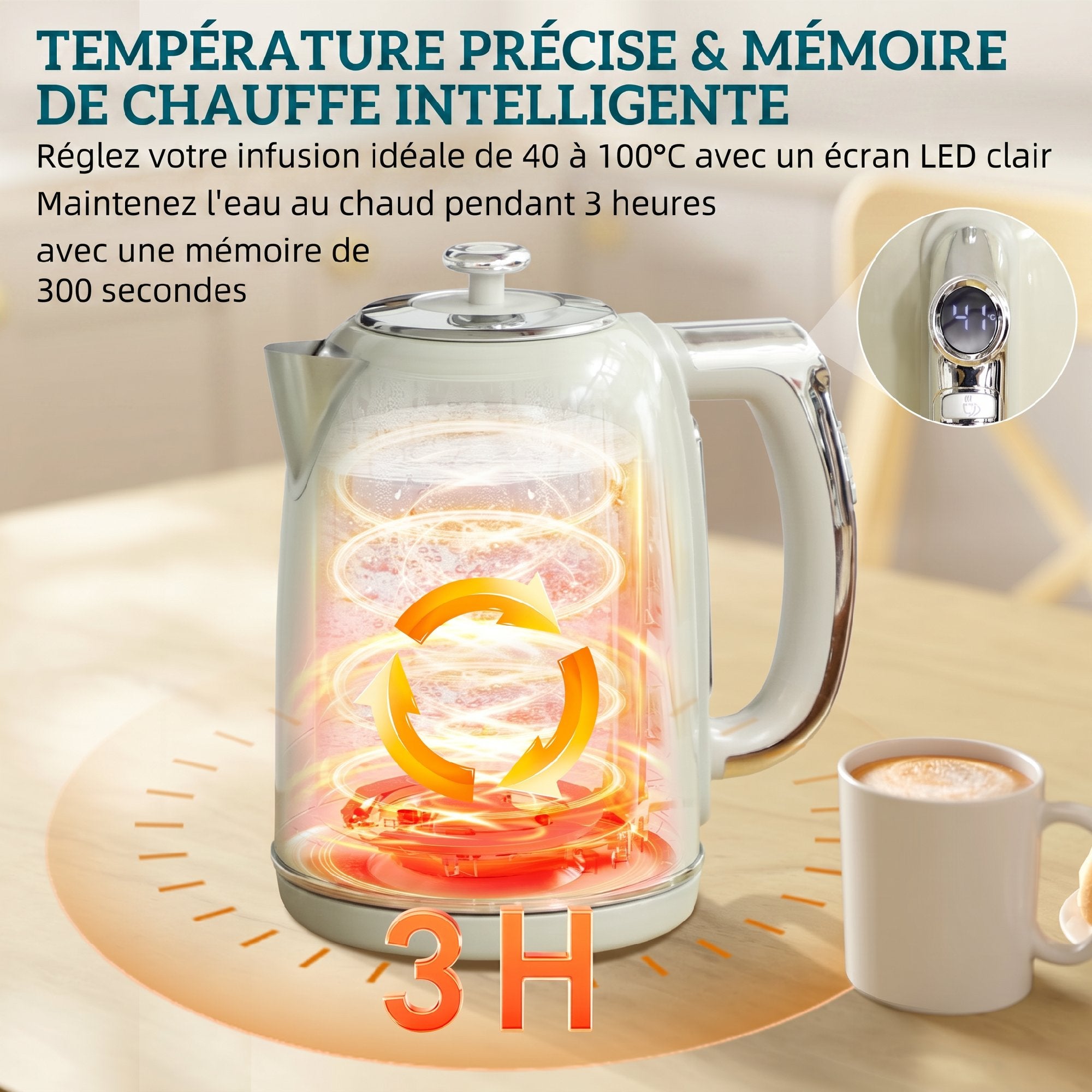 Ensemble bouilloire et grille-pain en inox, écran LED, bouilloire 2200 W 1,7 L, fonction mémoire de maintien au chaud, grille-pain 2 tranches, 6 niveaux de brunissage, plateau à miettes, gris