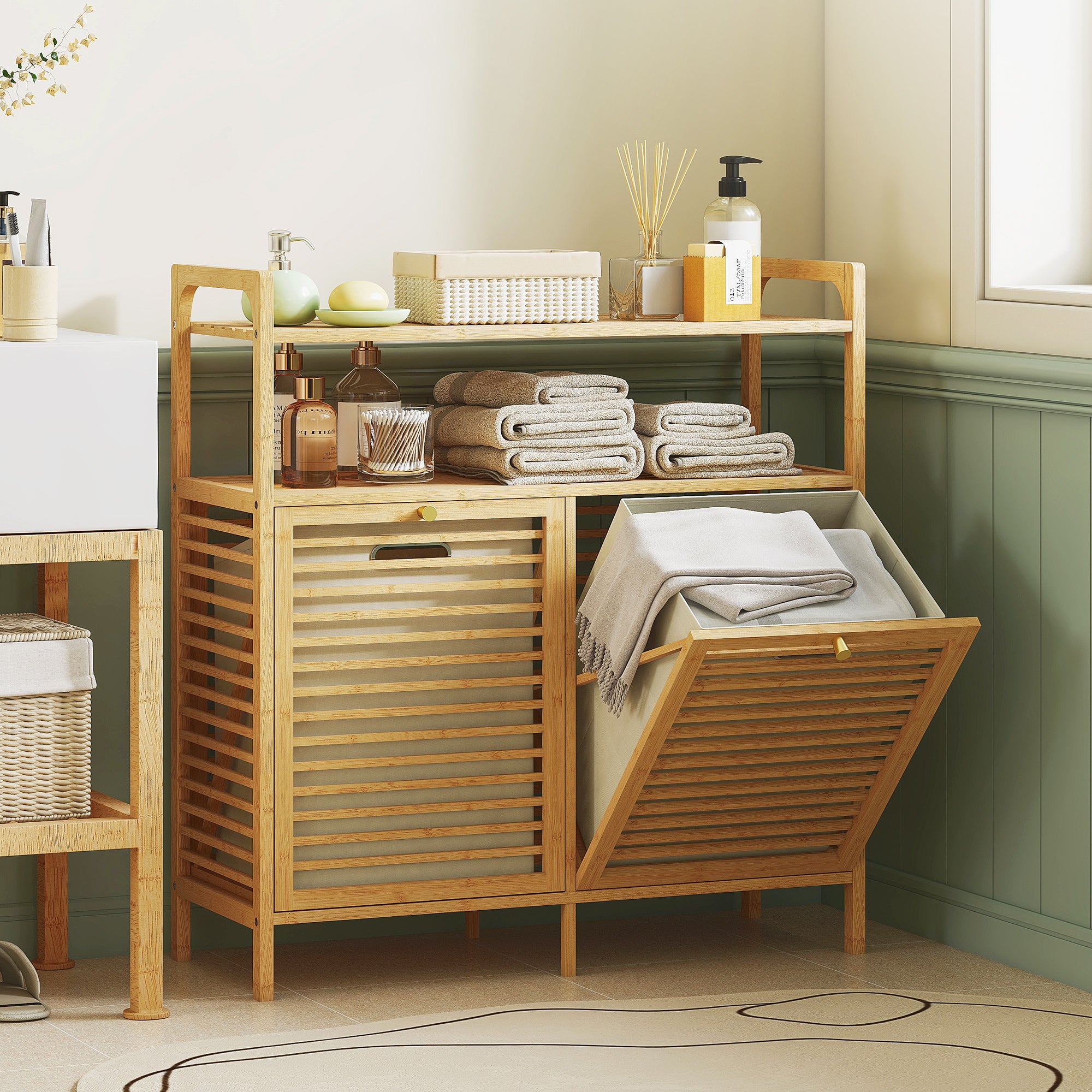 Meuble salle de bain avec panier à linge, armoire salle de bain en bambou avec 2 paniers en tissu amovibles et 2 étagères, corbeille à linge, pour toilette, buanderie, 82x33x88cm, bois naturel
