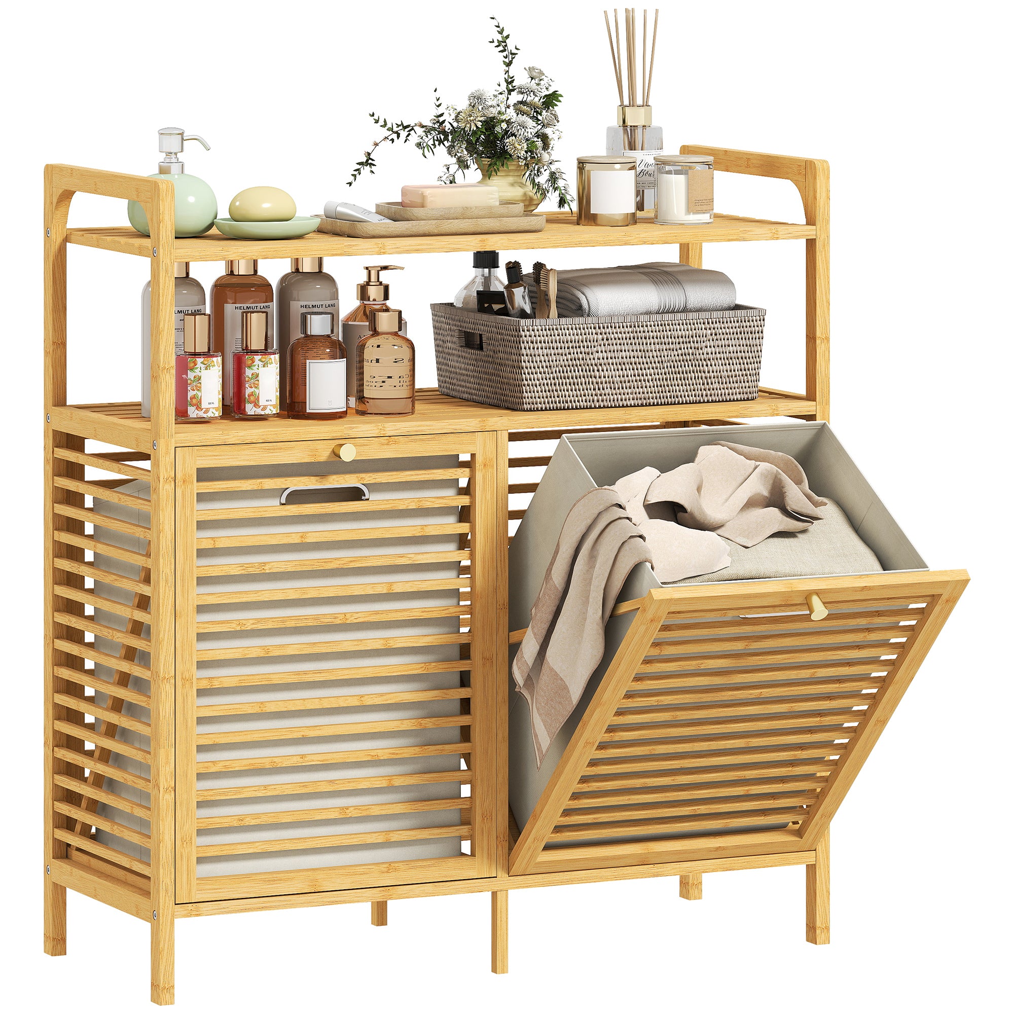 Meuble salle de bain avec panier à linge, armoire salle de bain en bambou avec 2 paniers en tissu amovibles et 2 étagères, corbeille à linge, pour toilette, buanderie, 82x33x88cm, bois naturel