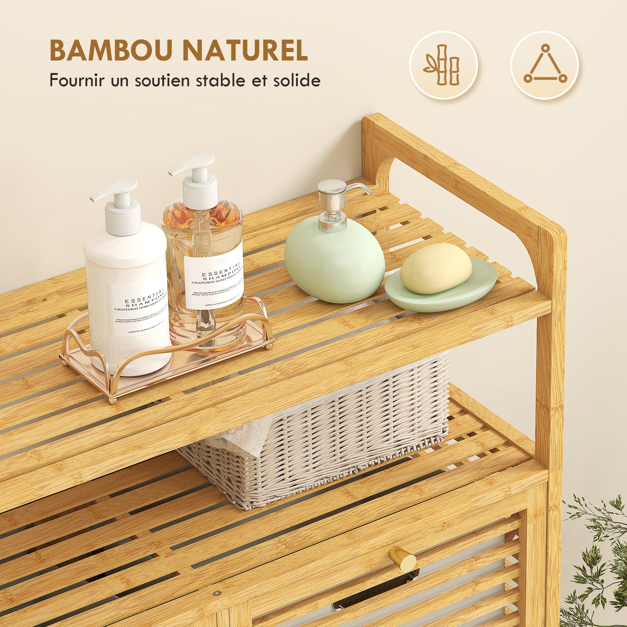 Meuble salle de bain avec panier à linge, armoire salle de bain en bambou avec 2 paniers en tissu amovibles et 2 étagères, corbeille à linge, pour toilette, buanderie, 82x33x88cm, bois naturel