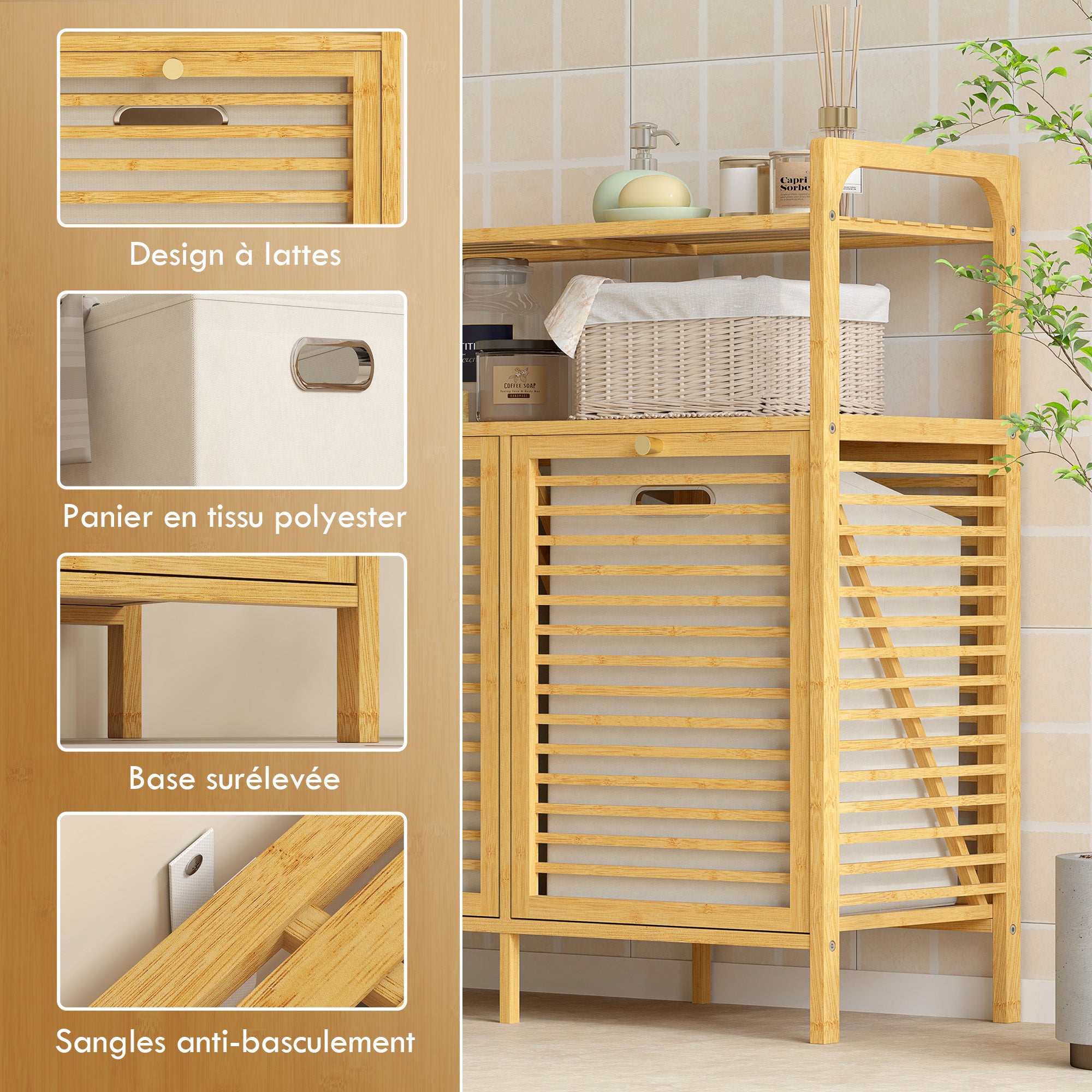 Meuble salle de bain avec panier à linge, armoire salle de bain en bambou avec 2 paniers en tissu amovibles et 2 étagères, corbeille à linge, pour toilette, buanderie, 82x33x88cm, bois naturel
