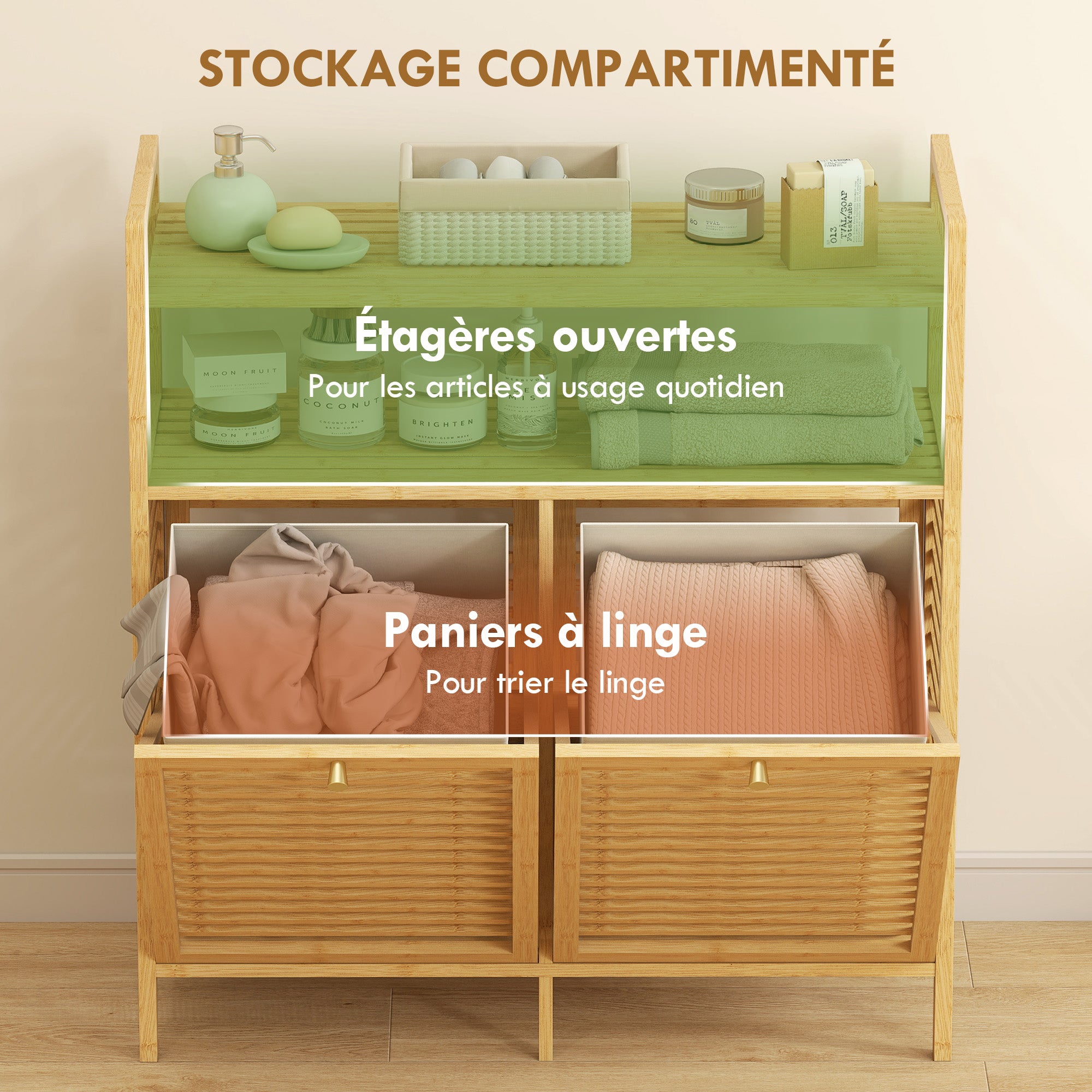 Meuble salle de bain avec panier à linge, armoire salle de bain en bambou avec 2 paniers en tissu amovibles et 2 étagères, corbeille à linge, pour toilette, buanderie, 82x33x88cm, bois naturel