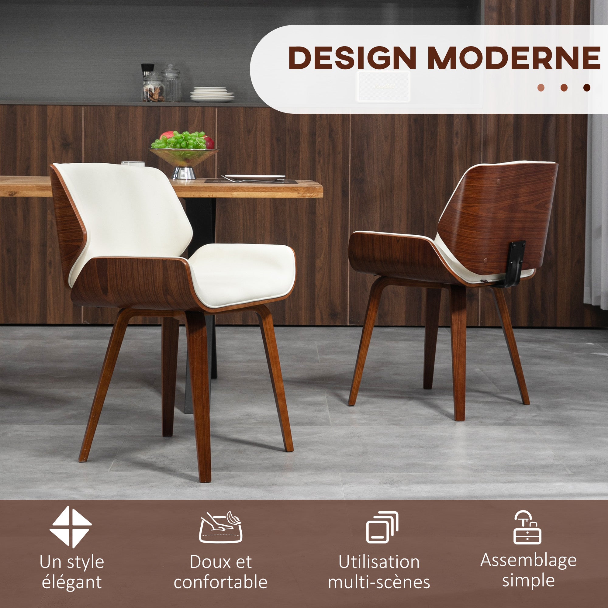 Lot de 2 chaises de salle à manger style vintage assise revêtement synthétique blanc et pieds en bois