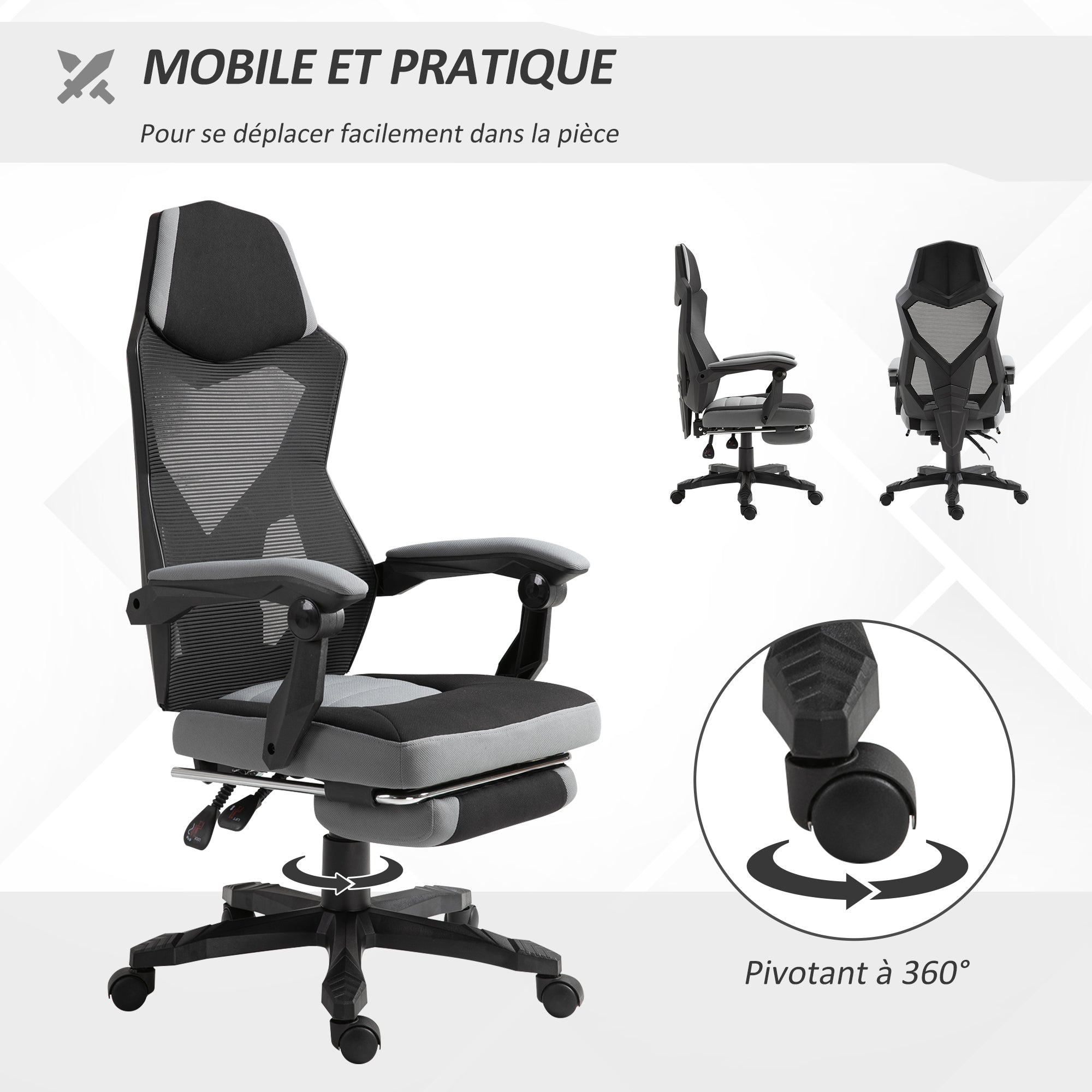 Chaise de bureau fauteuil gaming hauteur réglable dossier roulettes pivotantes repose-pied tissu en maille 58L x 63l x 112-122H cm gris noir